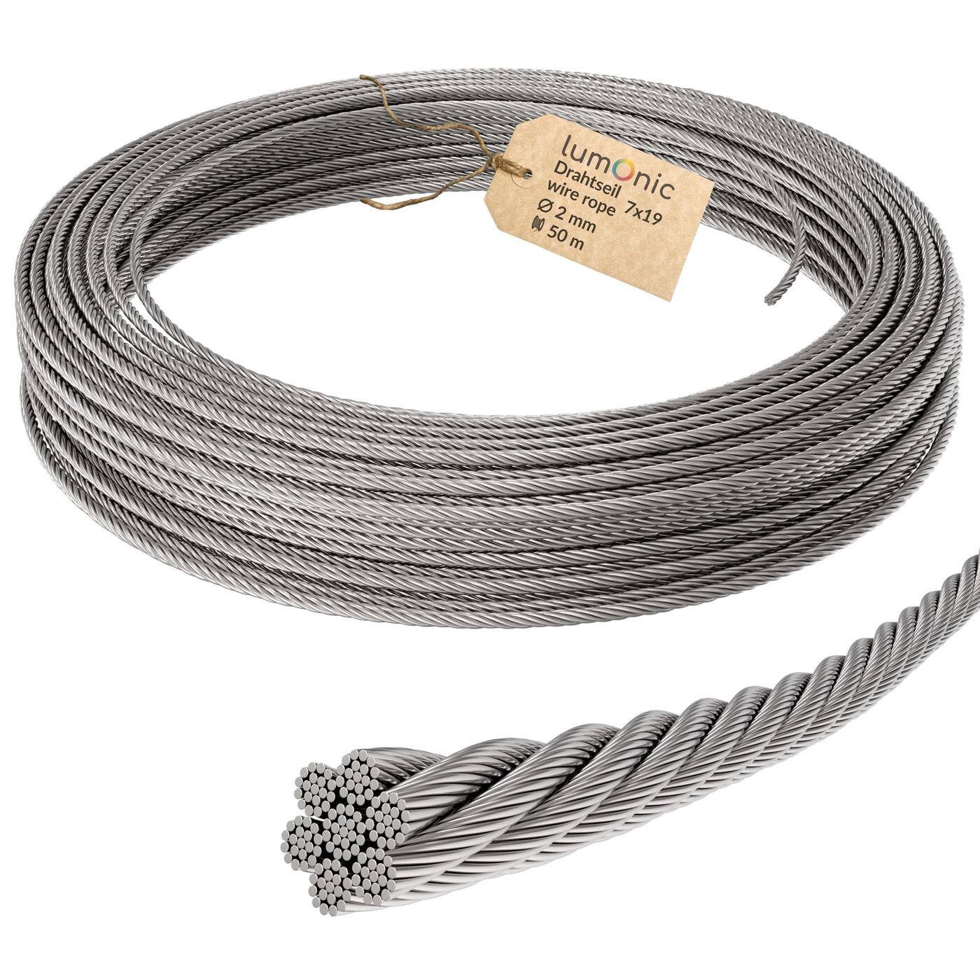Lumonic Drahtseil 7x19 |  50m Ø2mm| V4A Edelstahl rostfrei | Stahlseil mit verzinnten Enden | für Rankhilfe, Wäscheleine, Lampen, Sichtschutz, Sonnensegel