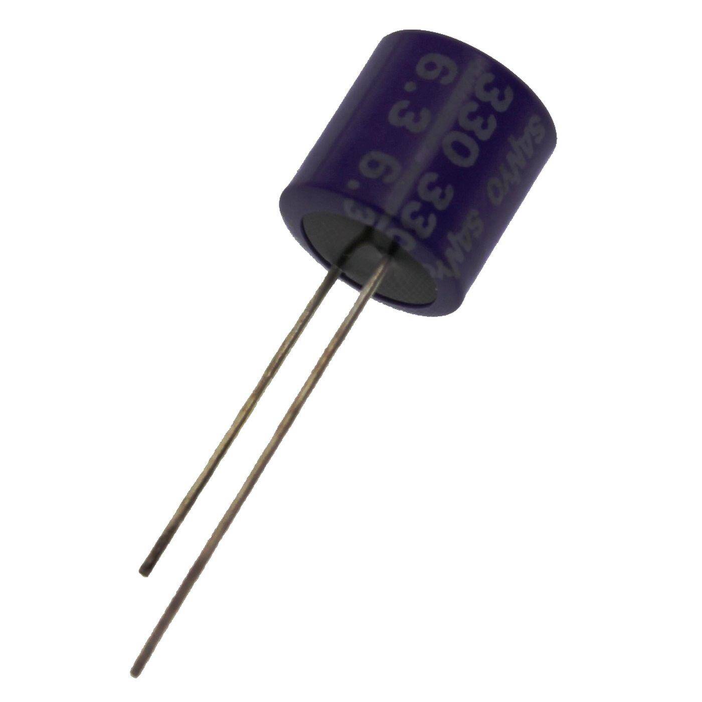 Elko Kondensator Radial 330µF 6,3V | Elektrolytkondensator bis zu einer Temperatur von 105°C | 10x10,5mm | 330uF 6SA330M Sanyo Denki