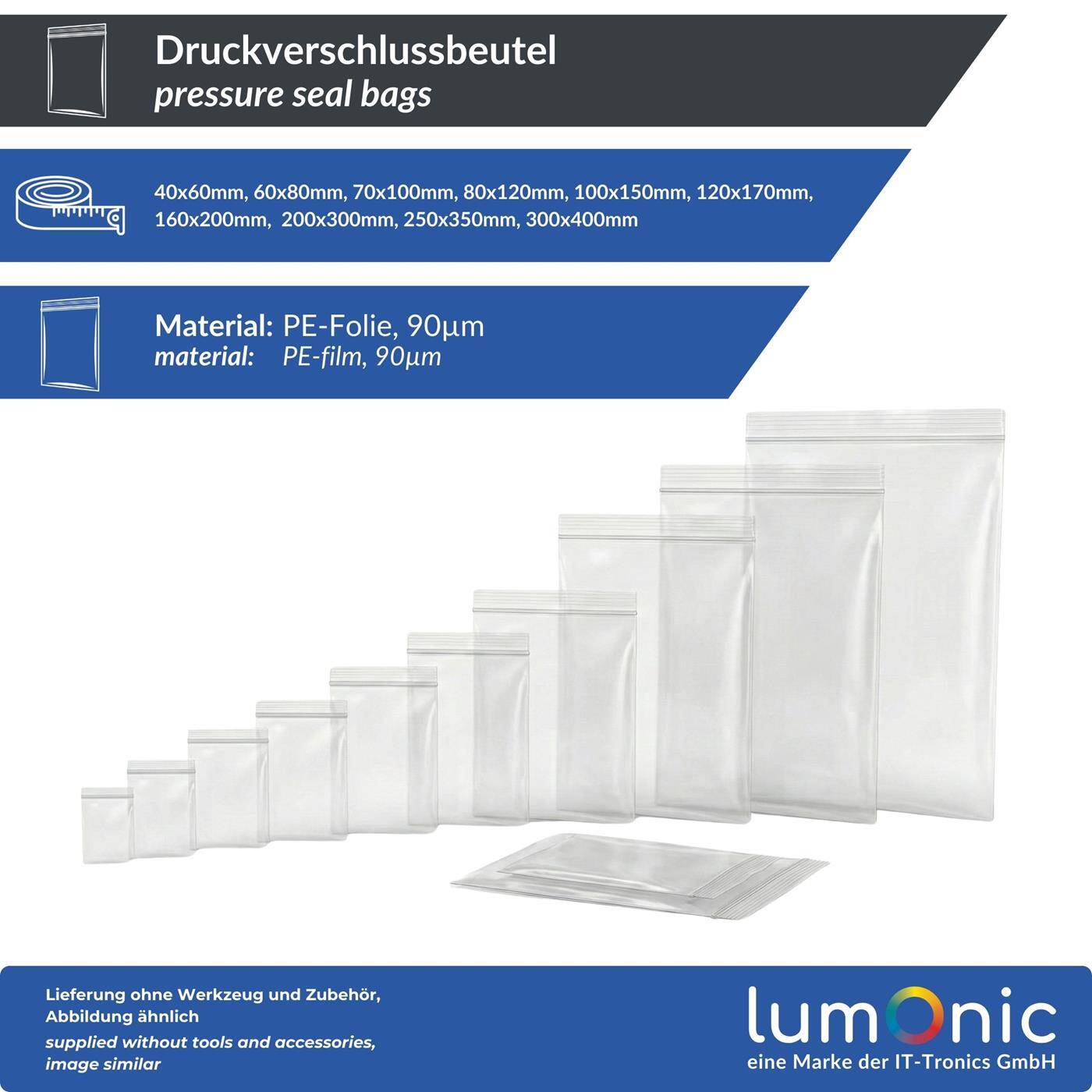 100x Lumonic Ziplock bag 70x100mm | extra strong 90µm| Transparent, tear-resistant + odorless | Zip bag for small parts, travel, storage