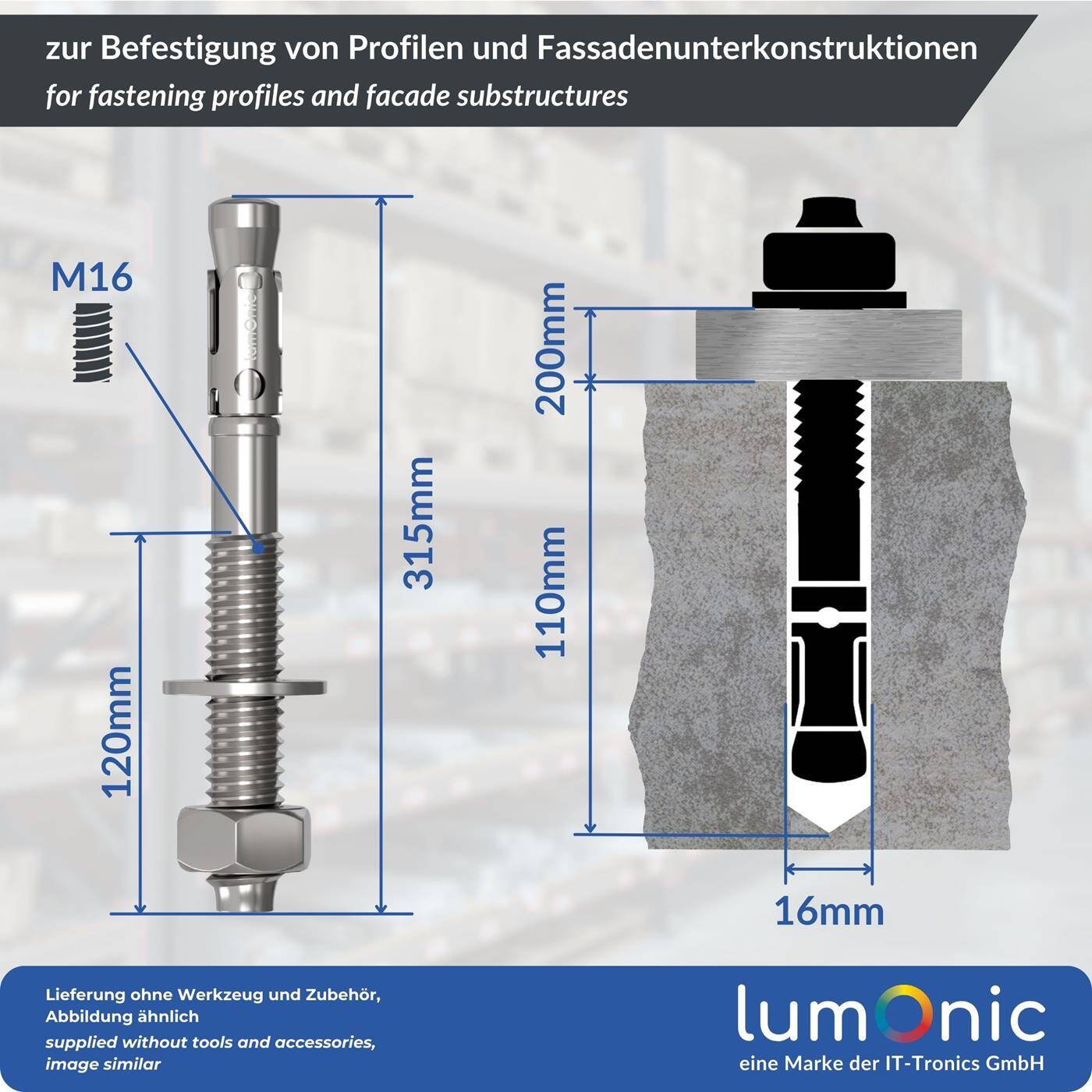 Lumonic Schwerlastdübel M16 x 315mm | hochwertige Keilanker verzinkt | Durchsteckmontage, SOFORT BELASTBAR | Betonanker, Schwerlastanker | für Überdachungen, Geländer, Regale, Trennwände