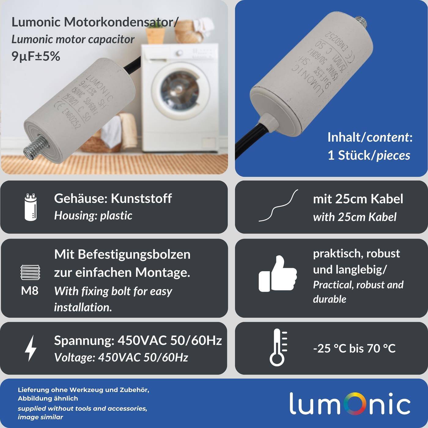 Lumonic Anlaufkondensator 9µF 450V | mit Kabel I 30x60mm I 9uF I Motorkondensator mit Kunststoffgehäuse I Betriebskondensator I für Pumpen, Rasenmäher, Werkzeuge