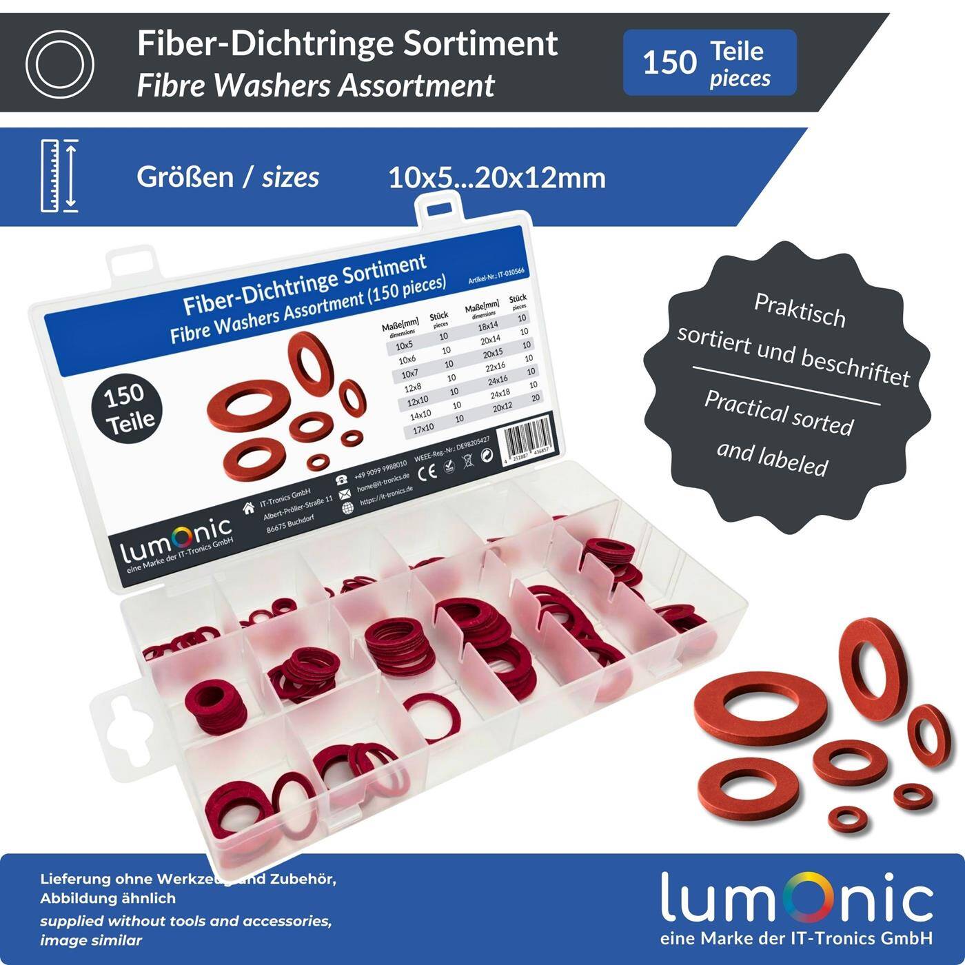 Lumonic Fiber Dichtring Sortiment | 150 Teile, 14 gängige Größen (10-24mm) | Sanitär Flachdichtungen Set | in praktischer Sortimentsbox