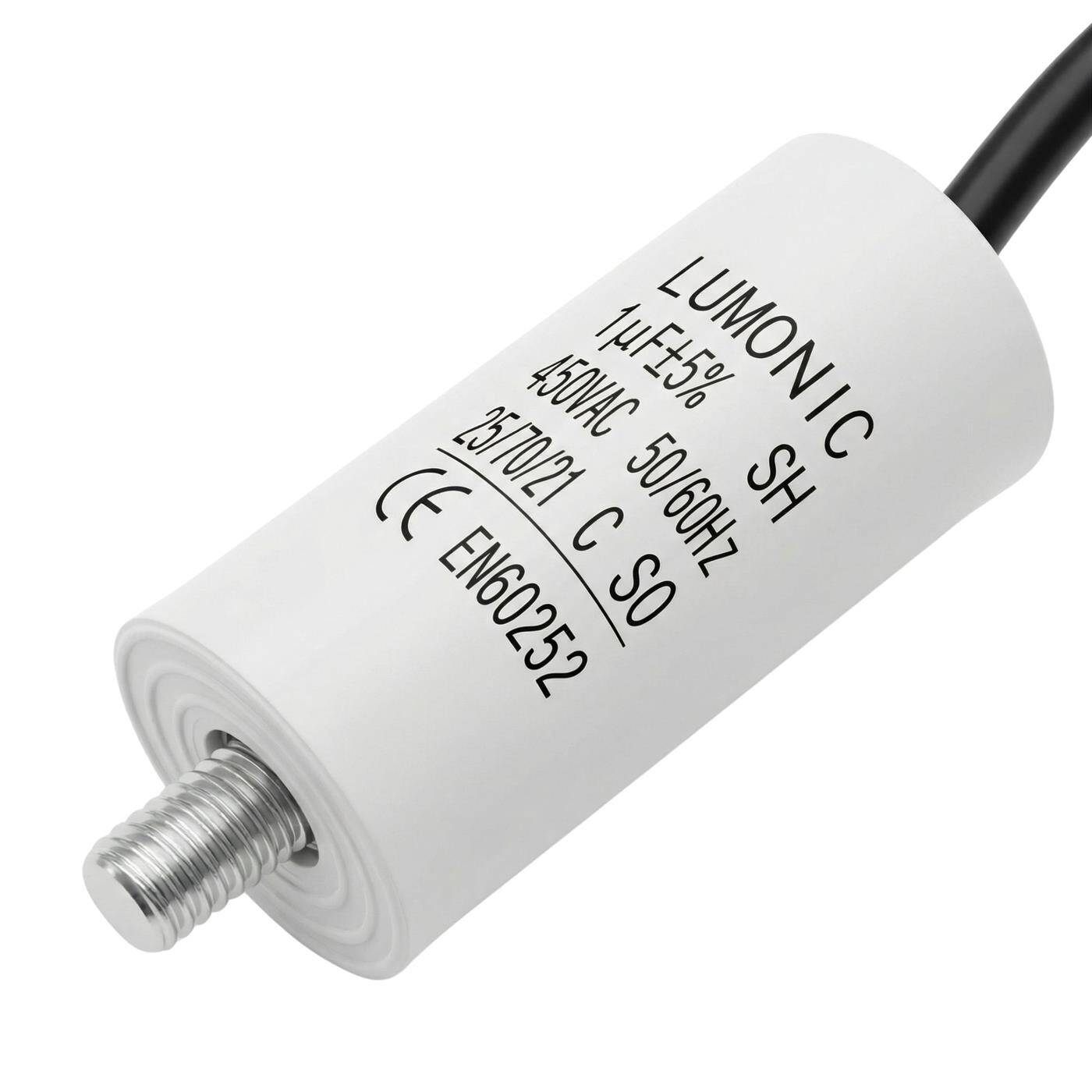 Lumonic Anlaufkondensator 1µF 450V | mit Kabel I 26x55mm I 1uF I Motorkondensator mit Kunststoffgehäuse I Betriebskondensator I für Pumpen, Rasenmäher, Werkzeuge