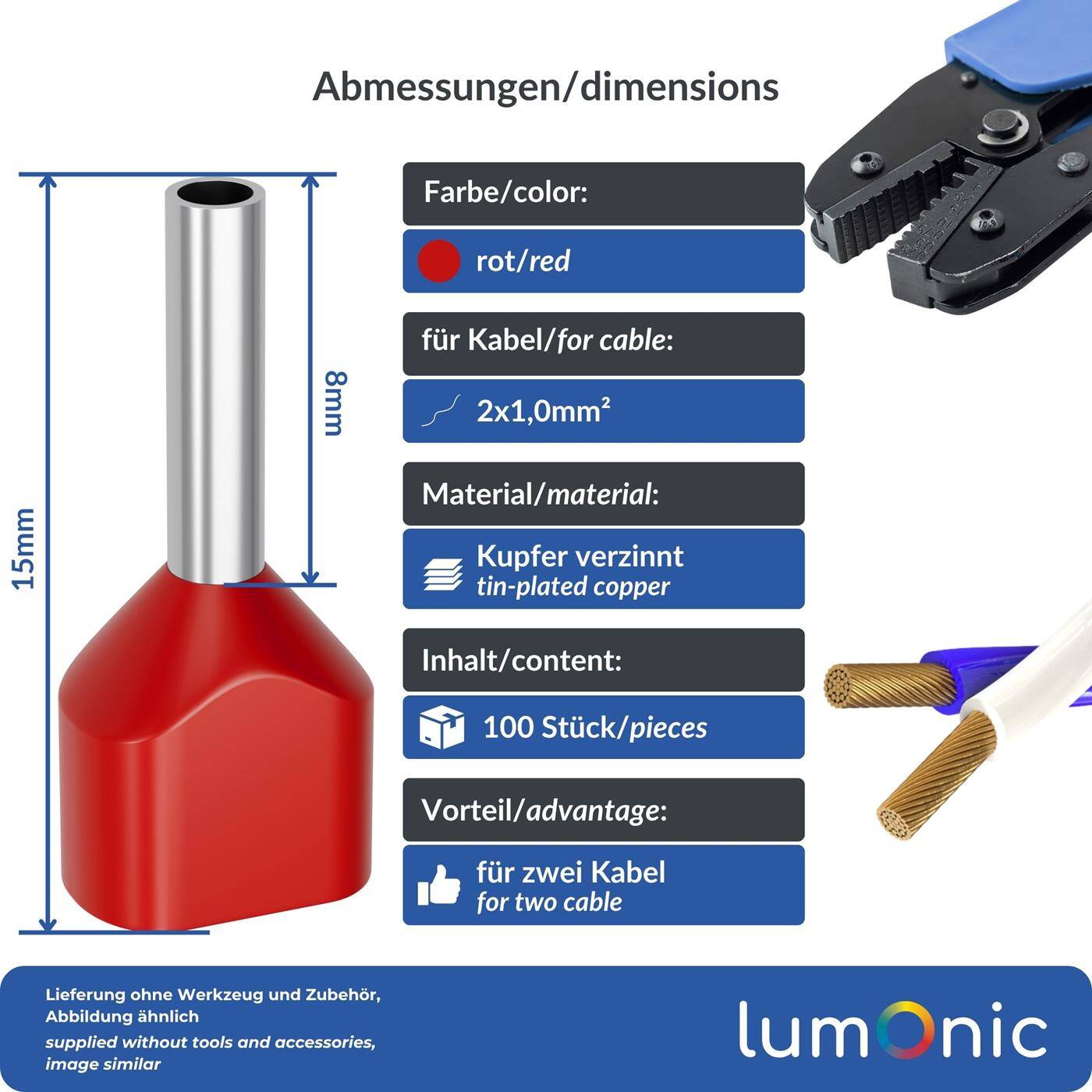 100x Twin Aderendhülse isoliert 2x 1mm² Rot Kupfer verzinnt 2x8mm Hülse