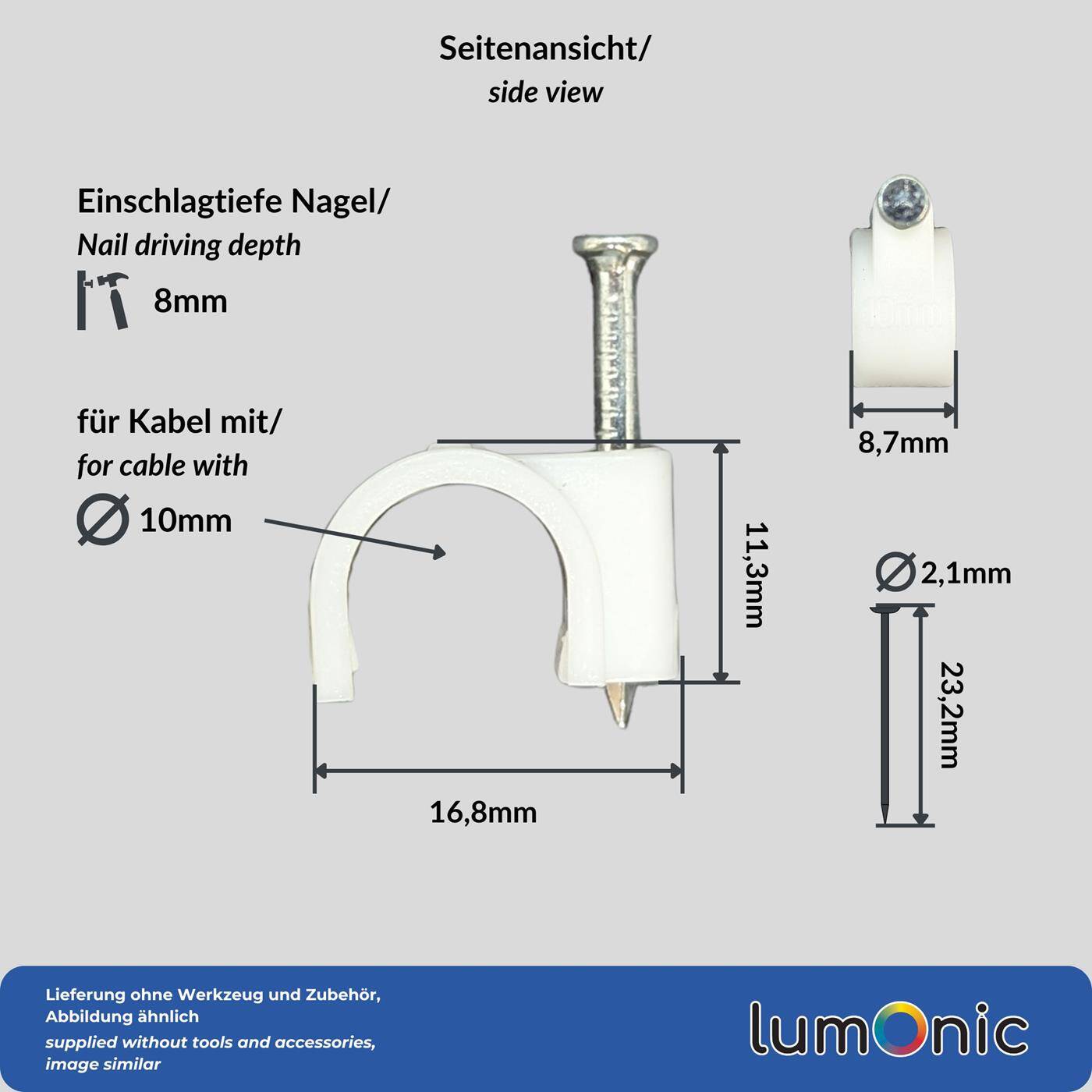 100x Nagelschelle 10mm für Kabel Weiß Kabelschelle mit Nagel Kabelklemme