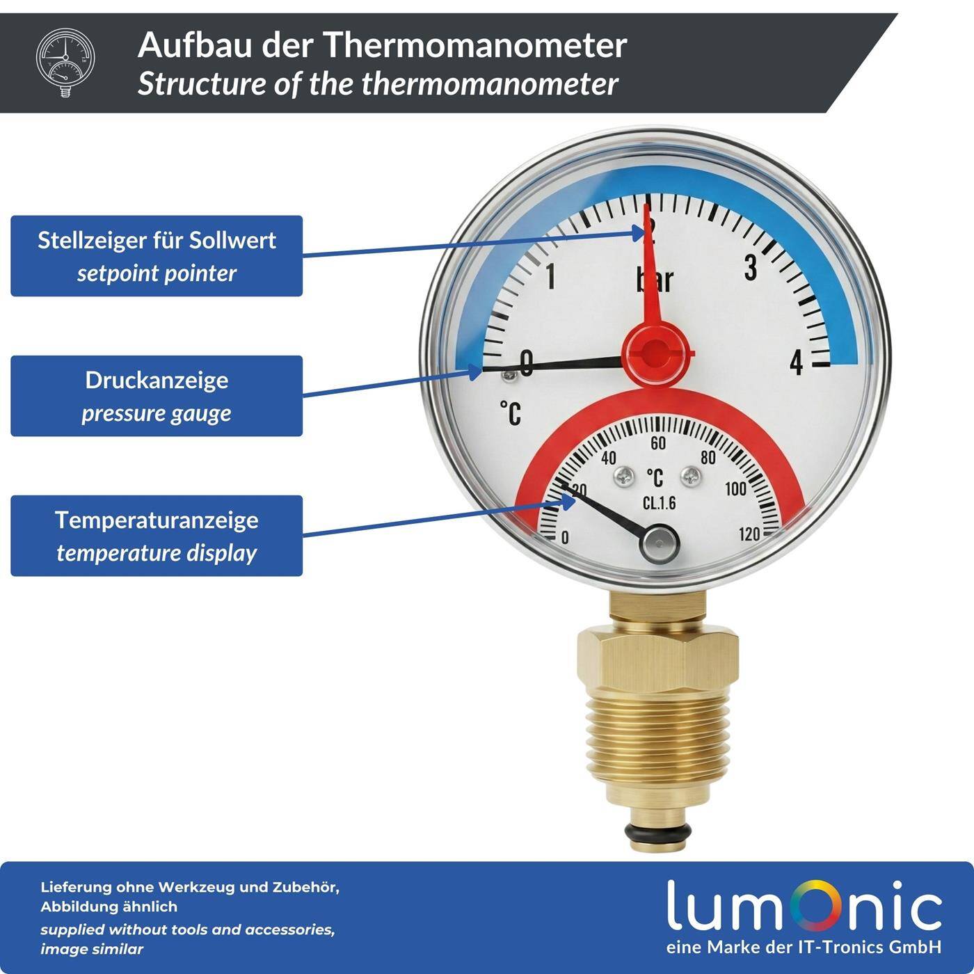 Lumonic Thermomanometer 4bar 0-120°C | 1/4 + 1/2 inch (adapter) | Bottom connection | Ø 63mm, large scale | Heating pressure gauge | Metal housing