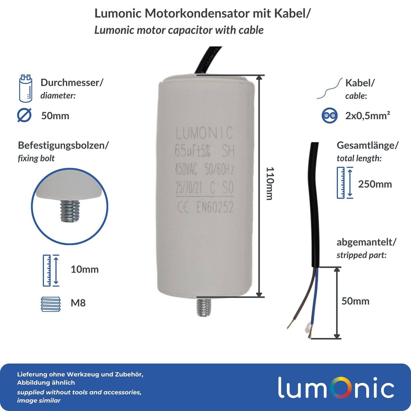 Lumonic Anlaufkondensator 65µF 450V | mit Kabel I 50x110mm I 65uF I Motorkondensator mit Kunststoffgehäuse I Betriebskondensator I für Pumpen, Rasenmäher, Werkzeuge