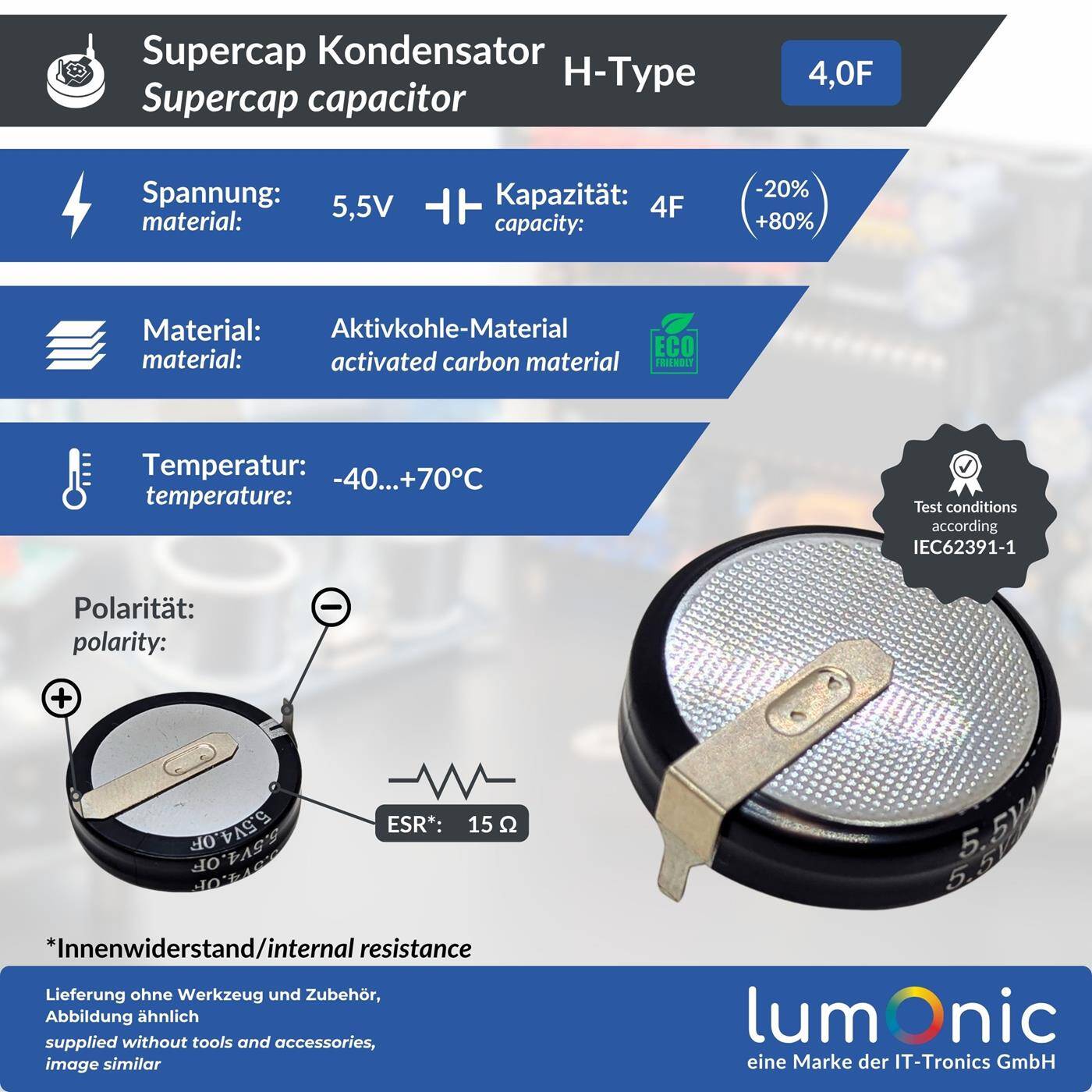 Supercap 4,0F 5,5V H-Type, EDLC for direct use, high capacity, 5.5V monoblock - no balancing necessary, flicker protection, backup, Arduino, PLC, heating