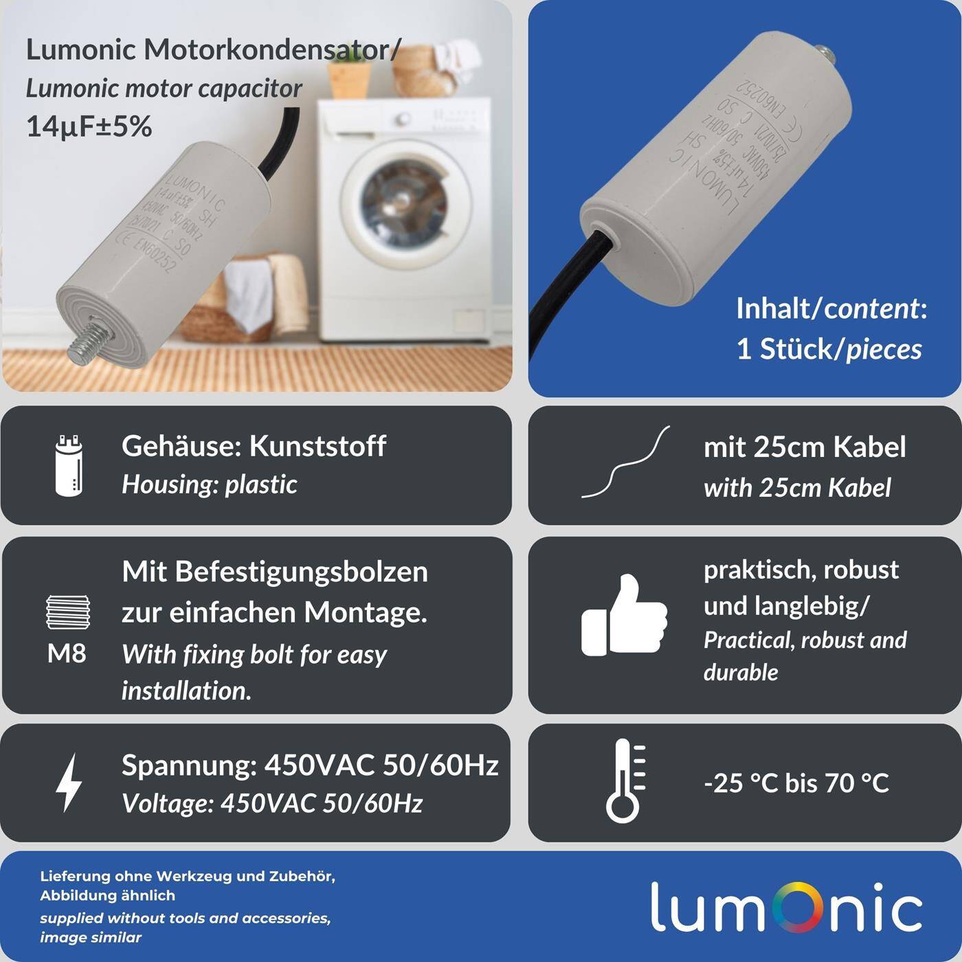 Lumonic Anlaufkondensator 14µF 450V | mit Kabel I 34x70mm I 14uF I Motorkondensator mit Kunststoffgehäuse I Betriebskondensator I für Pumpen, Rasenmäher, Werkzeuge