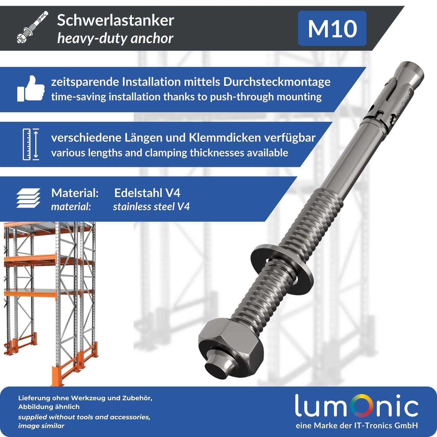 Lumonic Schwerlastdübel M10 x 170mm | hochwertige Edelstahl V2A Keilanker | Durchsteckmontage,  | Betonanker, Schwerlastanker | für Überdachungen, Geländer, Regale, Trennwände