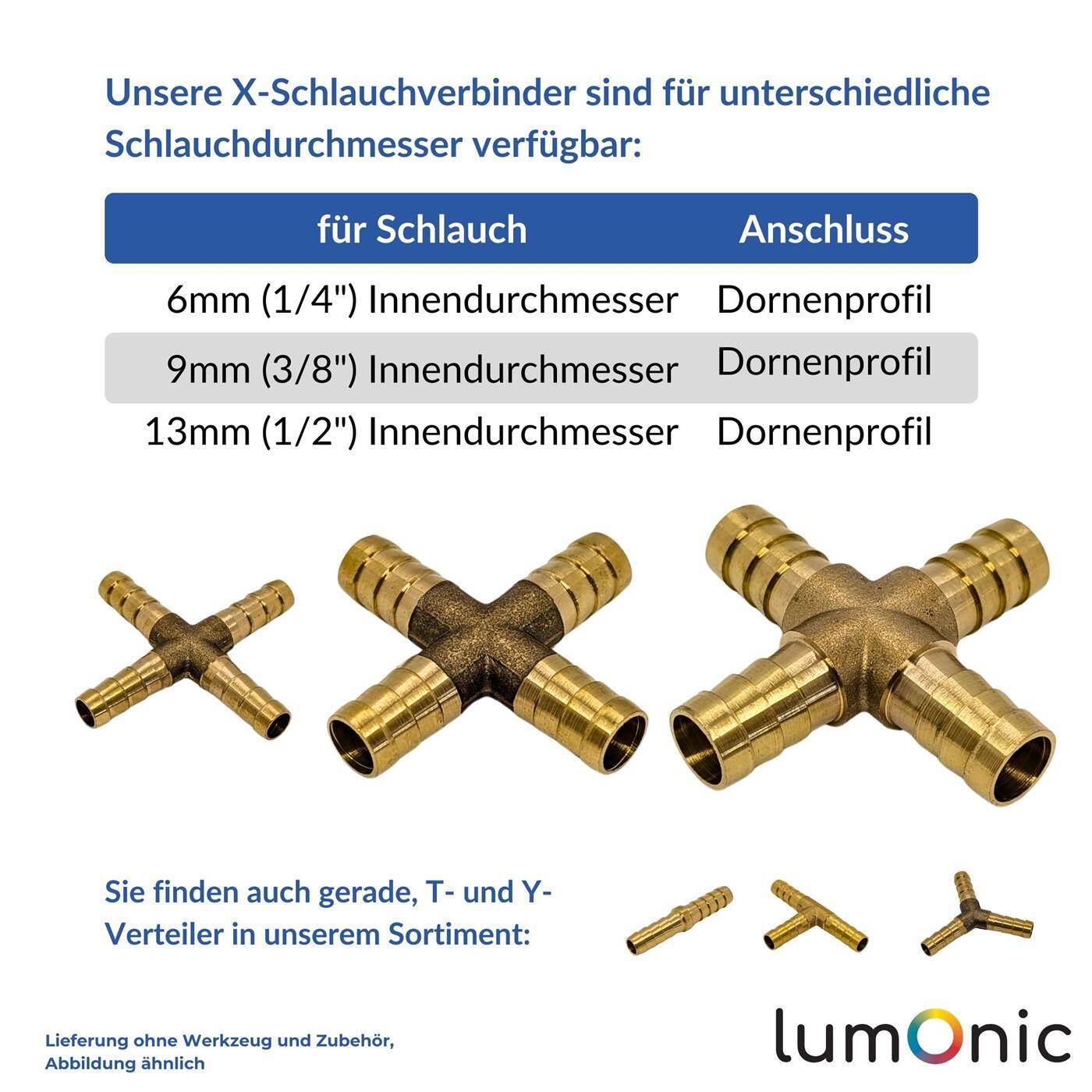 Lumonic I X-hose connector I for 9mm (3/8") hose I made of brass I Cross connector I X-piece I with spike profile I Compressed air I for workshops, businesses and DIY enthusiasts