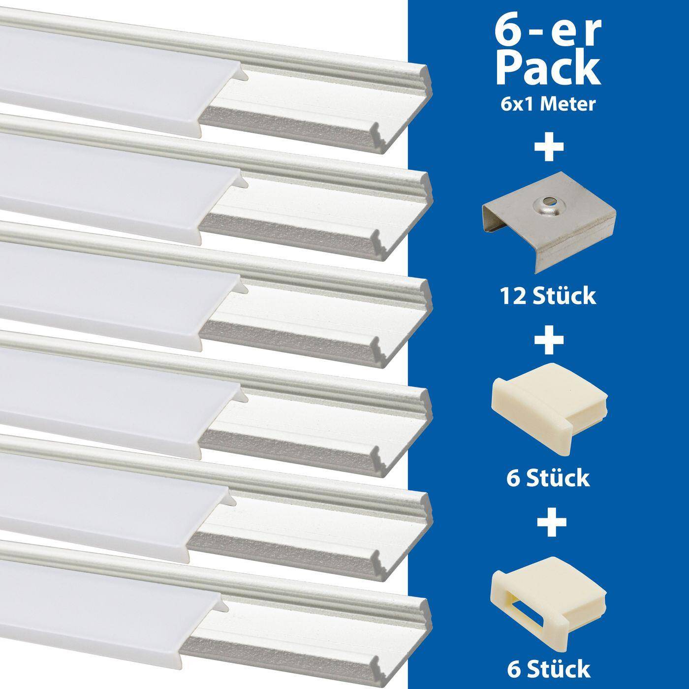 LED Aufbau Profil Set 6m Alu Weiß matte Abdeckung + Zubehör 12mm Streifen