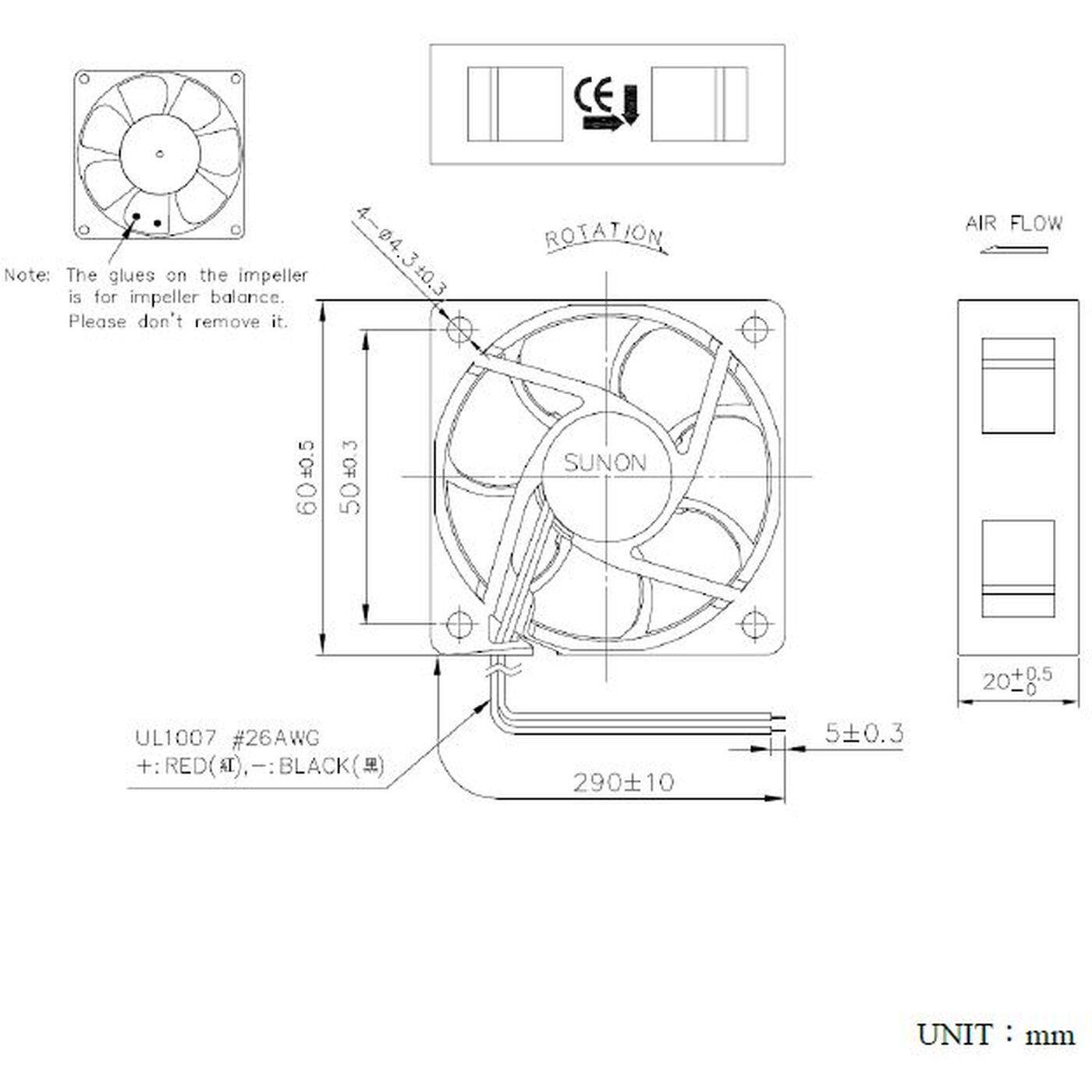 Fan 12V DC 1,44W 60x60x20mm 38,3m³/h 4700U/Min 38,3m³/h Sunon EE60201S11000U999