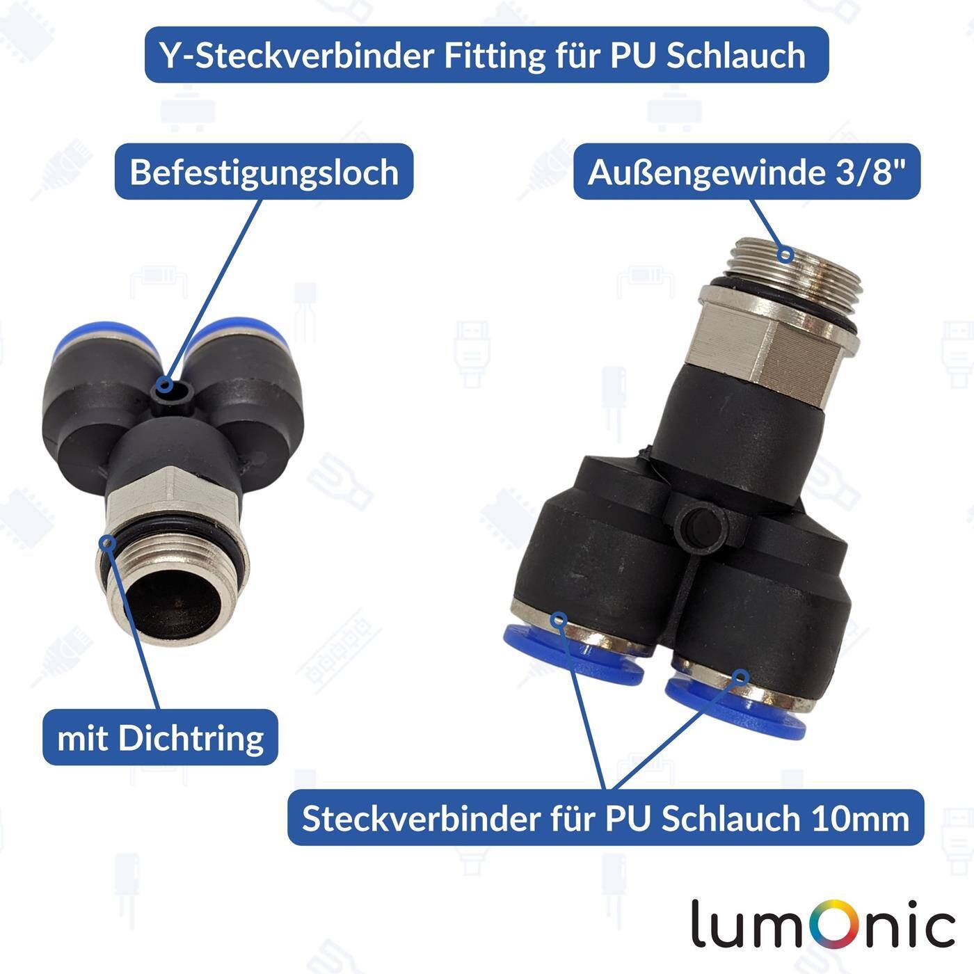 PU hose Y-connector fitting with external thread 10mm*3/8inch Y-piece Push-in Pneumatic plug connector Y-distributor Compressed air PU hose Y-connector fitting with external thread 10mm*3/8inch Y-piece Push-in Pneumatic plug connector Y-distributor Compressed air
