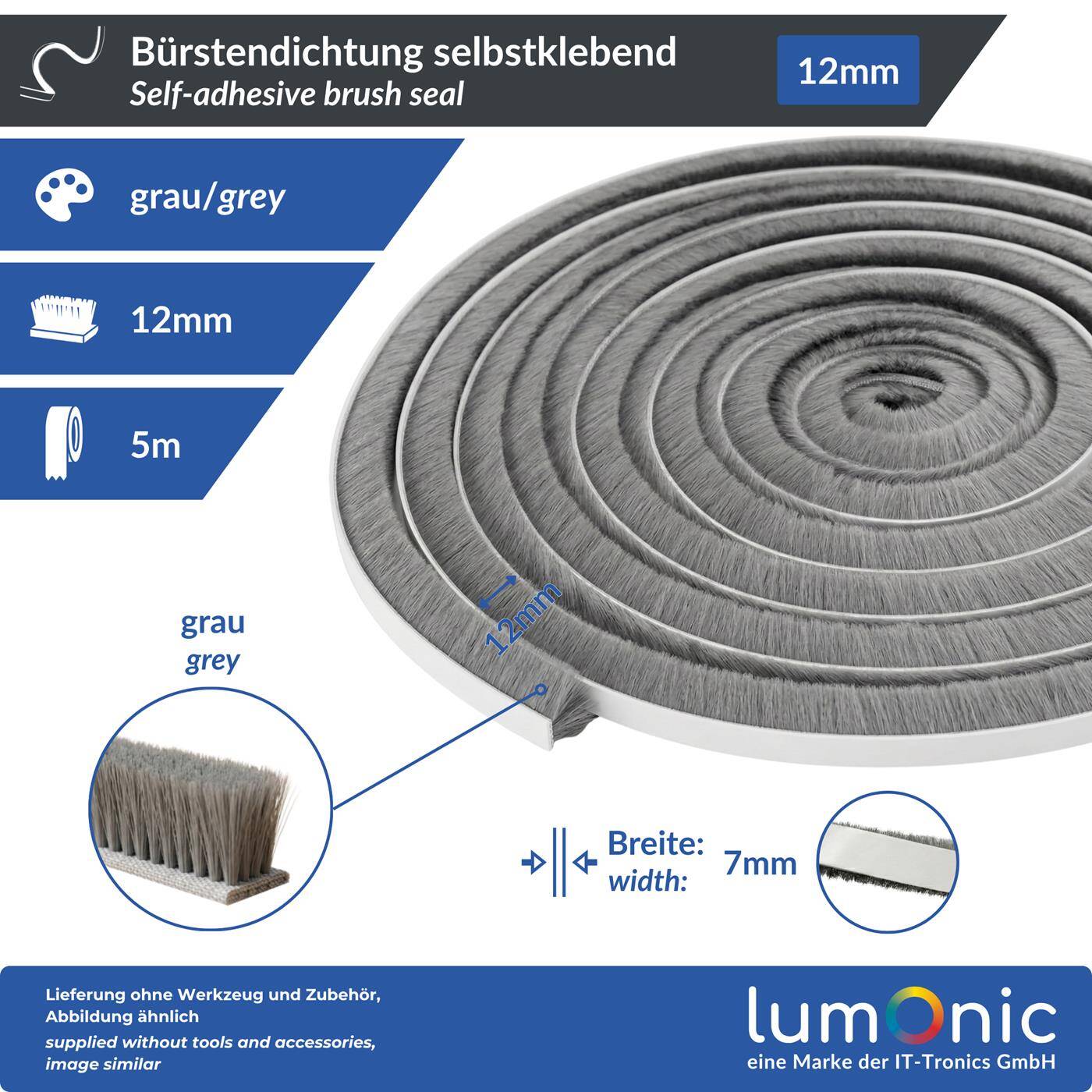 Lumonic 5m Bürstendichtung grau 12mm | Selbstklebend + Zuschneidbar | Zugluftstopper, Kälteschutz, Insektenschutz für Fenster, Türen, Schrank