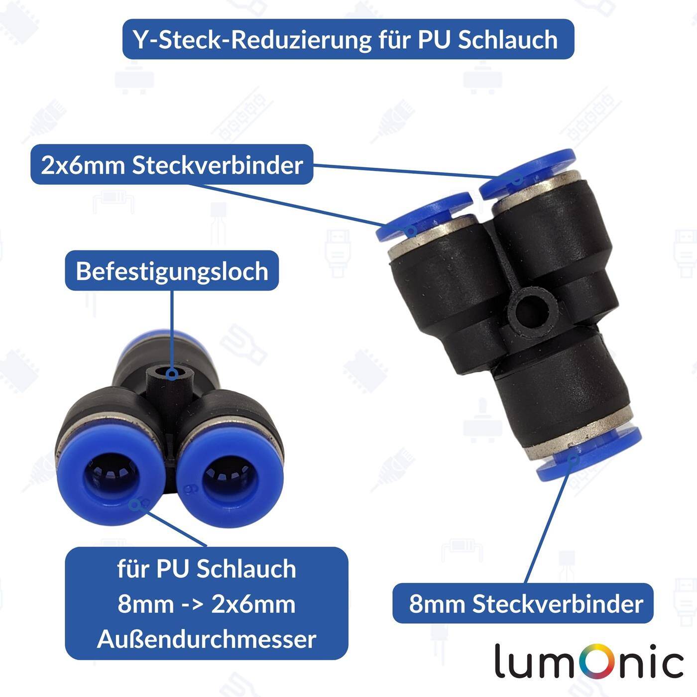 PU hose Y-connector reduction 8mm -> 2x6mm Y-piece Push-in Pneumatic plug connector Y-distributor reducing Compressed air PU hose Y-connector reduction 8mm -> 2x6mm Y-piece Push-in Pneumatic plug connector Y-distributor reducing Compressed air