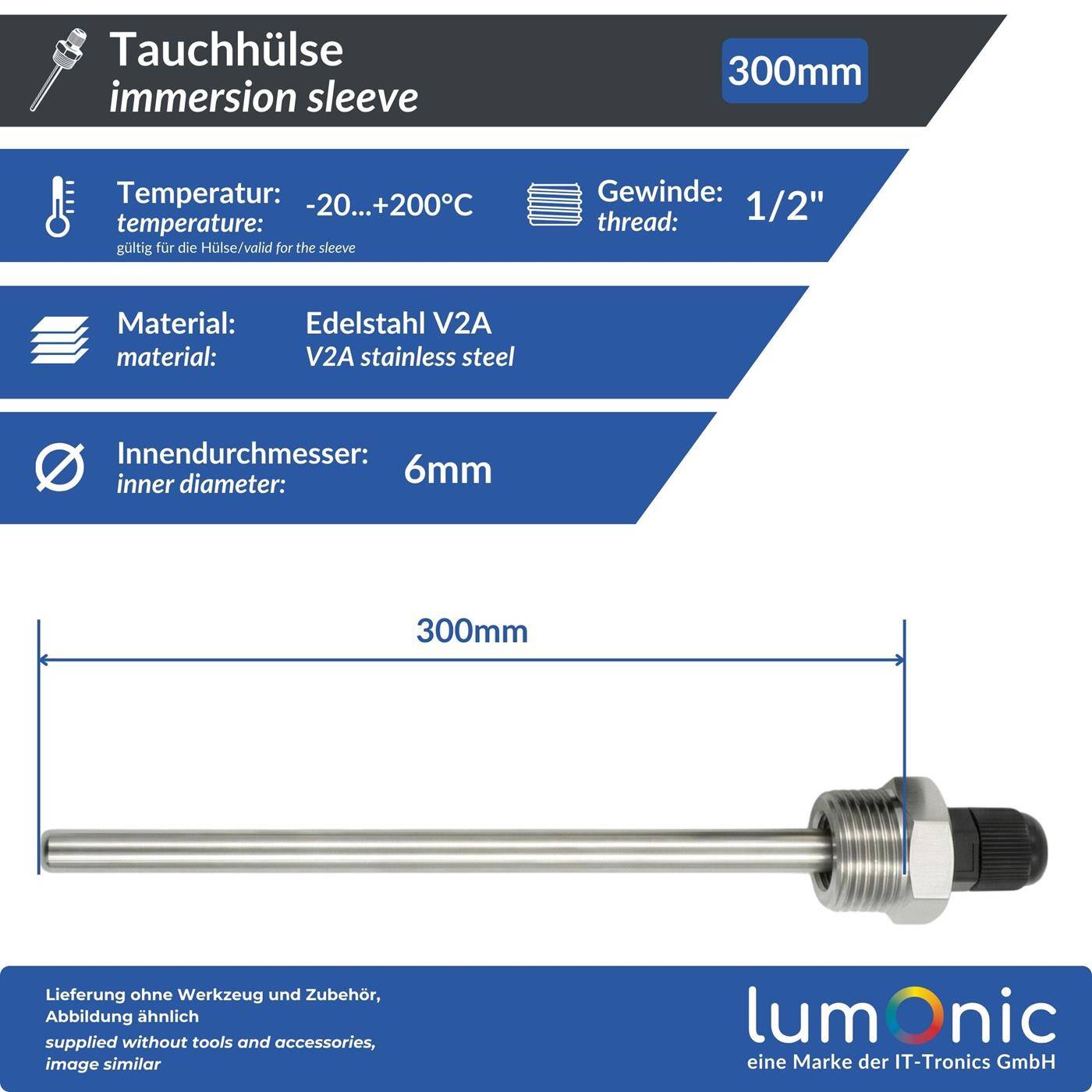 Immersion sleeve V2A stainless steel 1/2 inch 300mm for 6mm temperature sensor for solar heating buffer tank + Smart Home