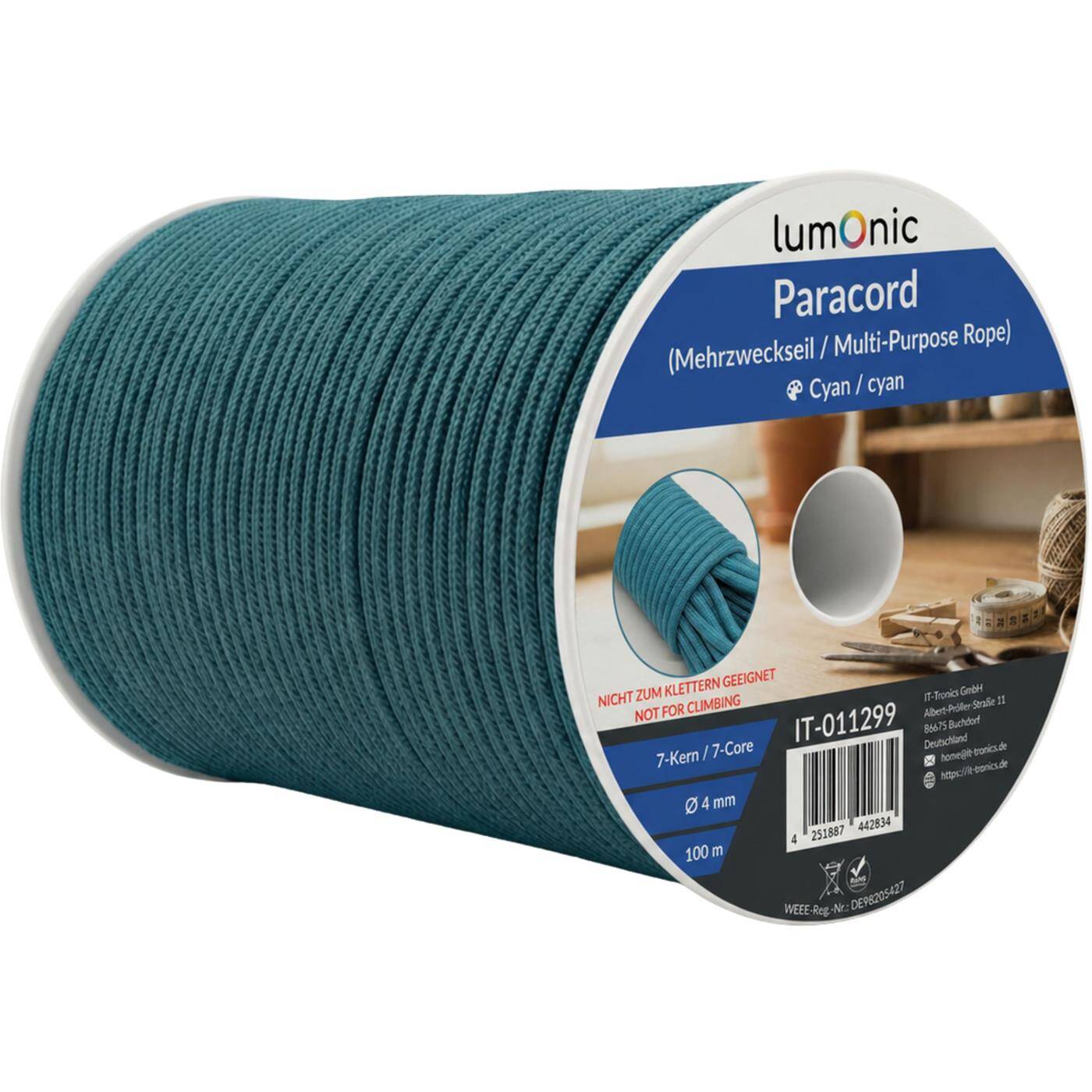 Lumonic 100m Paracord 4mm Cyan | 100% nylon | 7 cores, 32 strand sheath | Max. 125 kg load capacity | dog leash, bracelet, outdoor, bushcraft, tent cord