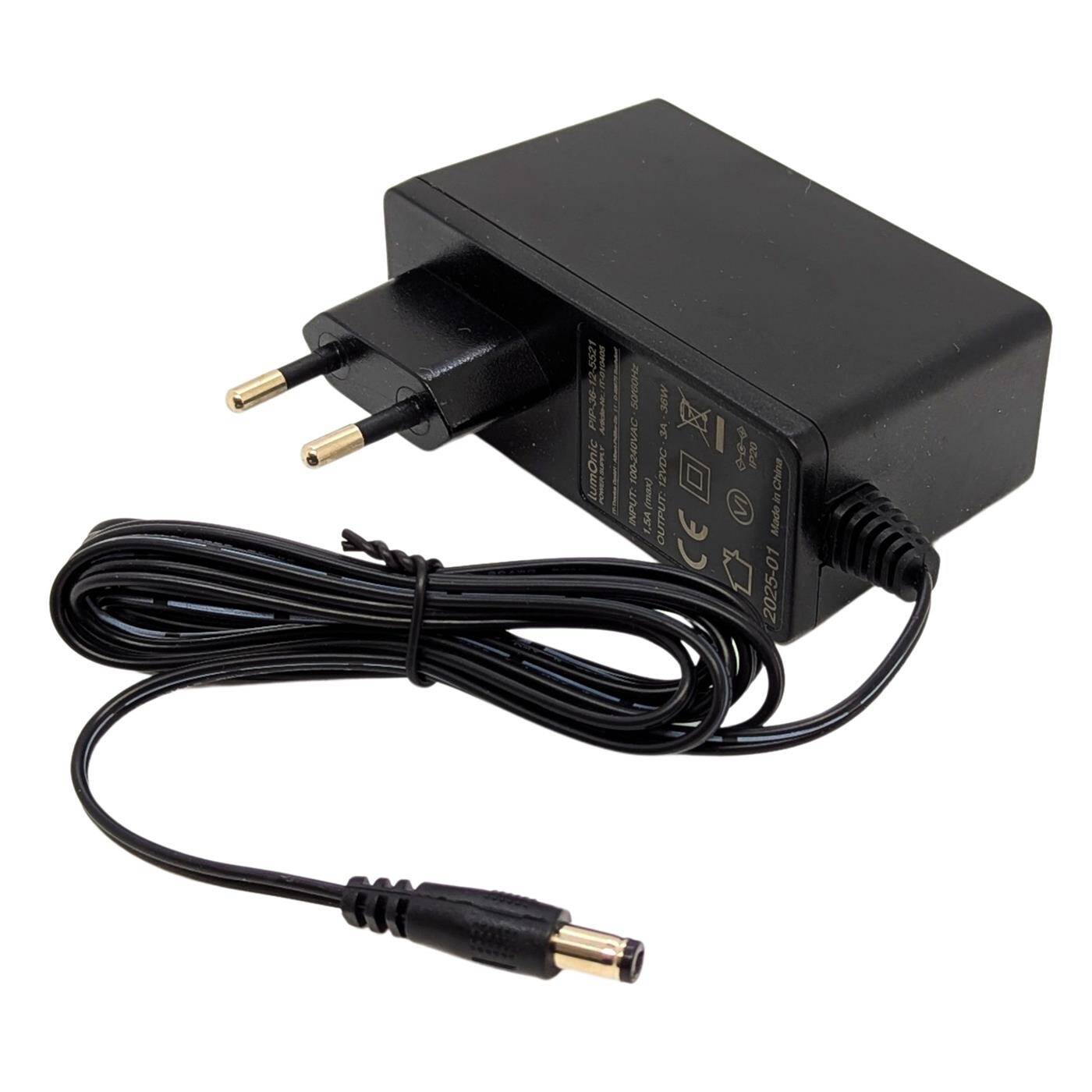 Lumonic I LED plug-in power supply PIP-36-12 I 12V 36W I Input 100-240VAC I Extra long cable with hollow plug 5,5/2,1 I Overload protection I universeller EU-Netzadapter I for LED strips