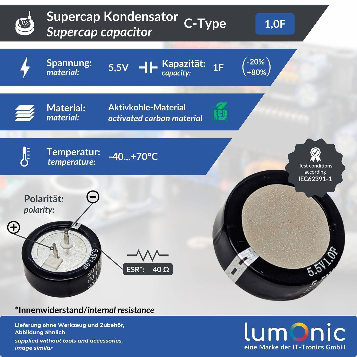 Lumonic 5x Supercap 1,0F 5,5V C-Type | EDLC for direct use, high capacity | 5.5V monoblock - no balancing necessary | Flicker protection, backup, PLC, heating
