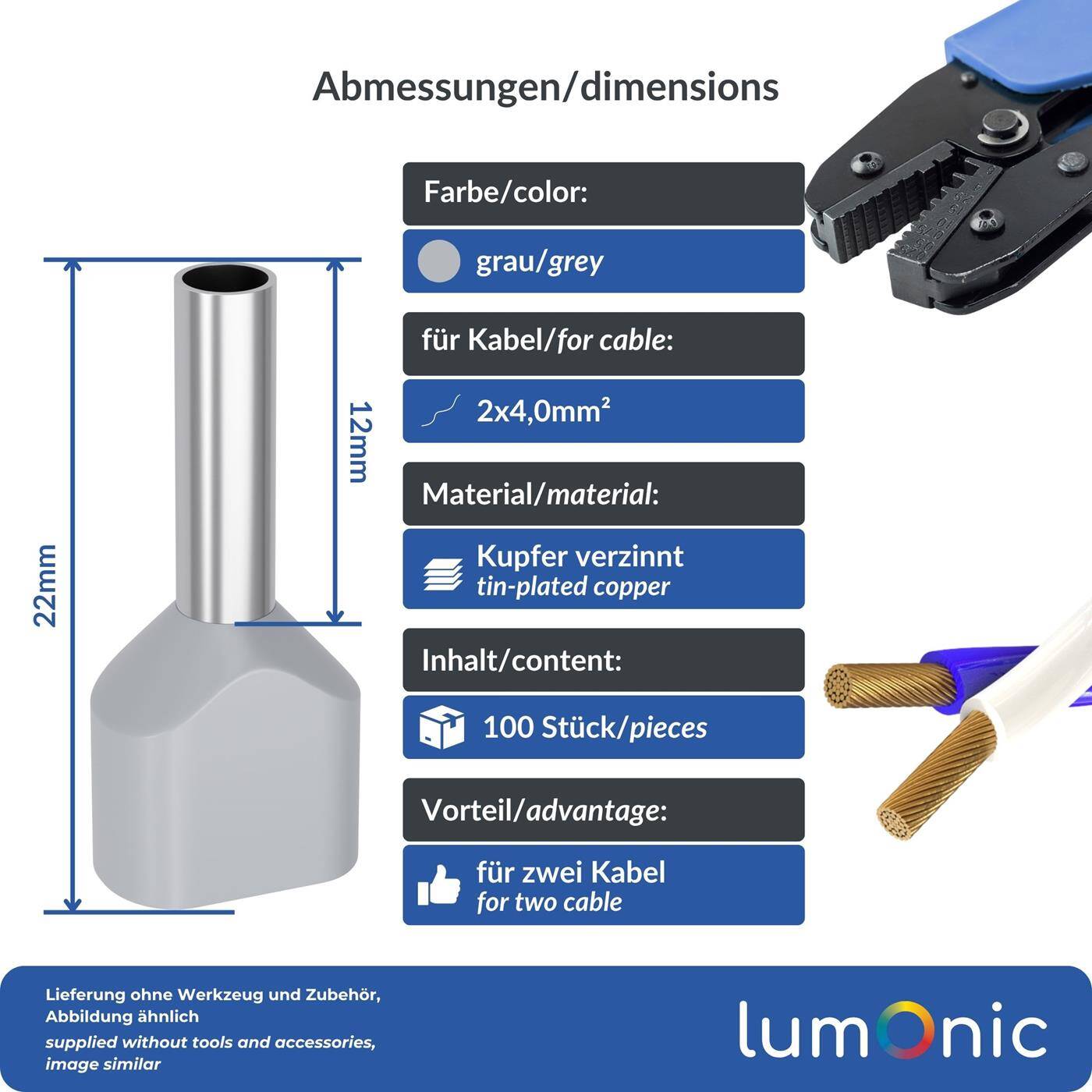 Lumonic 100 x 4mm² TWIN Aderendhülsen isoliert grau I Die Länge der Zwillingsaderendhülse für 2 Leitungen beträgt 12mm I Verzinnt zum Schutz gegen Korrosion