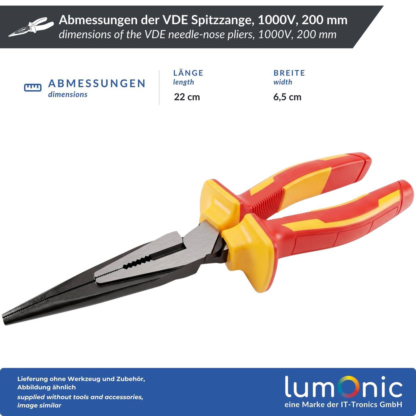 Lumonic VDE Needle-Nose Pliers, 1000 V Heavy-Duty, 200 mm - Extended serrated jaws, 60CrV steel, two-component handle, for control cabinets and junction boxes