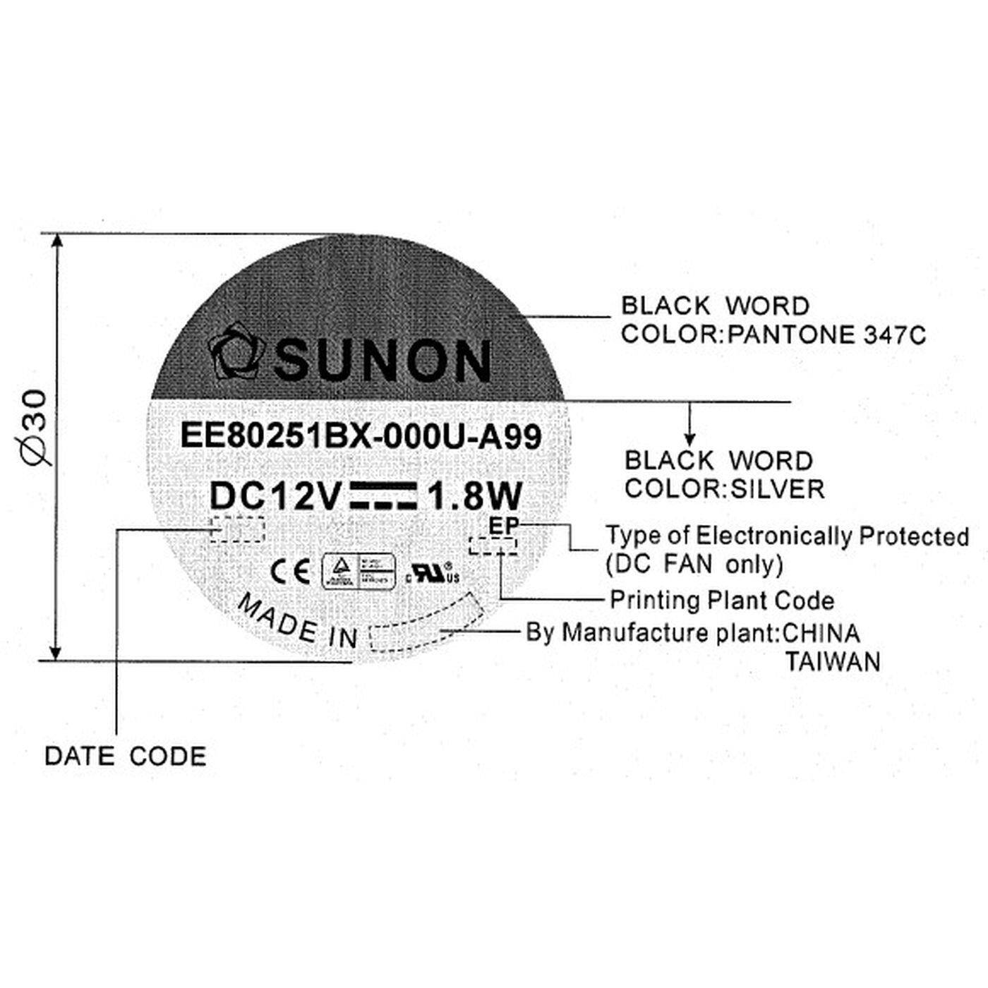 Lüfter 12V DC 1,8W 80x80x25mm 76,4m³/h 3600U/Min 76,4m³/h Sunon EE80251BX-A99