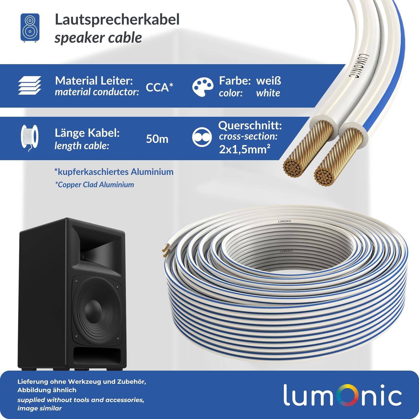 Lumonic Lautsprecherkabel | 50m Weiß | 2x 1,5mm² CCA | blaue Markierung HiFi Boxenkabel | Audio Zwillingsleitung