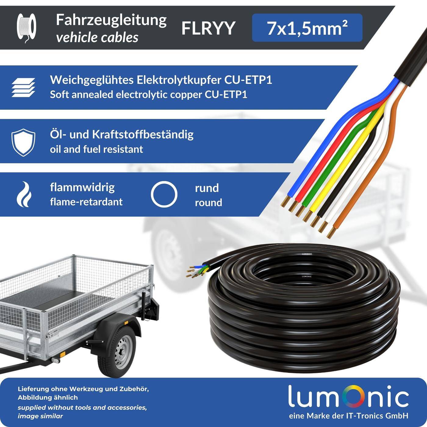 Lumonic 1m FLRYY Vehicle cable 7x1,5mm² black | 7-core | Trailer cable | Multi-core automotive cable | Oil and fuel-resistant, flame-retardant | Low voltage
