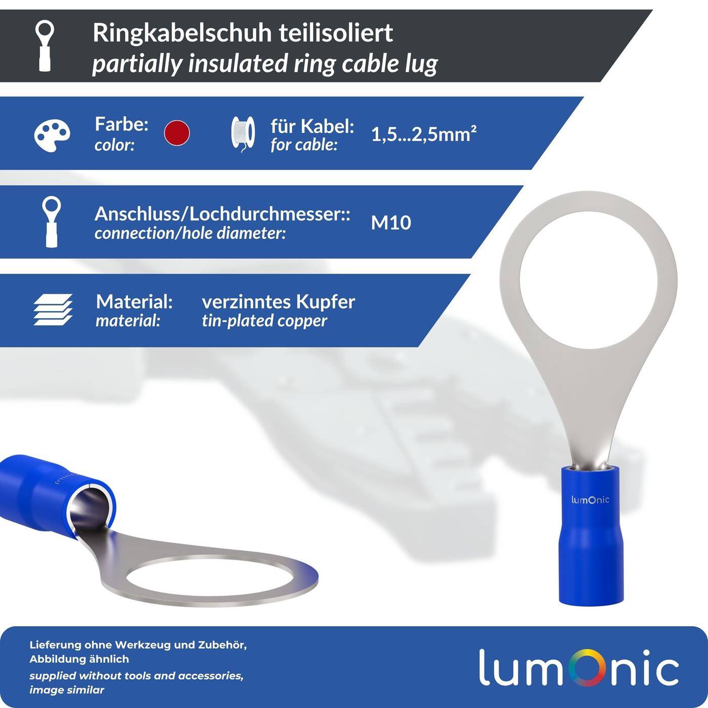 25x Ring cable lug partially insulated 1,5-2,5mm² Hole diameter M10 Blue Ring lug Copper tinned 25x Ring cable lug partially insulated 1,5-2,5mm² Hole diameter M10 Blue Ring lug Copper tinned