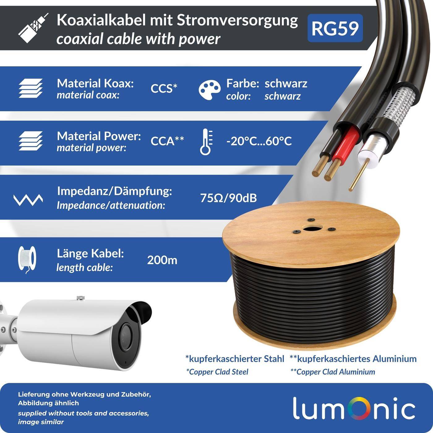 200m RG59 Koaxialkabel auf Holzspule CCTV Überwachungskabel mit Power 75 Ohm 90dB Video + Strom