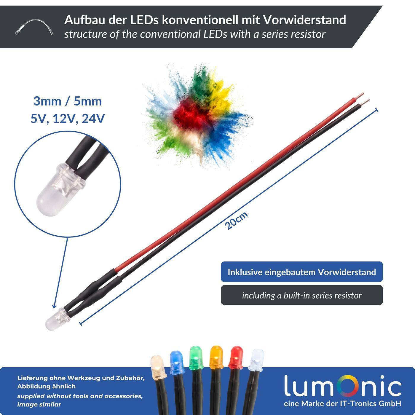 Lumonic 10x Superhelle LEDs mit Vorwiderstand für 5V Anwendungen - High Power LEDs mit Anschlusskabel zum selber Löten DIY in Farbe Rot - Durchmesser: 3mm