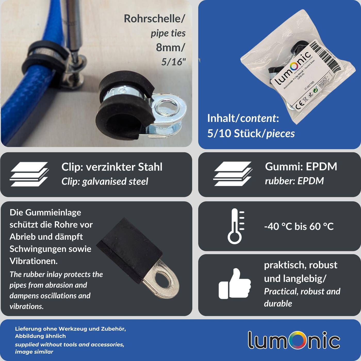 Lumonic 5x 8mm Rohrschellen mit Gummieinlage I Kabelschellen zum Schrauben I Schlauchschelle 8mm, Rohrschellen, Befestigungsschelle 8mm, Rohrhalterung