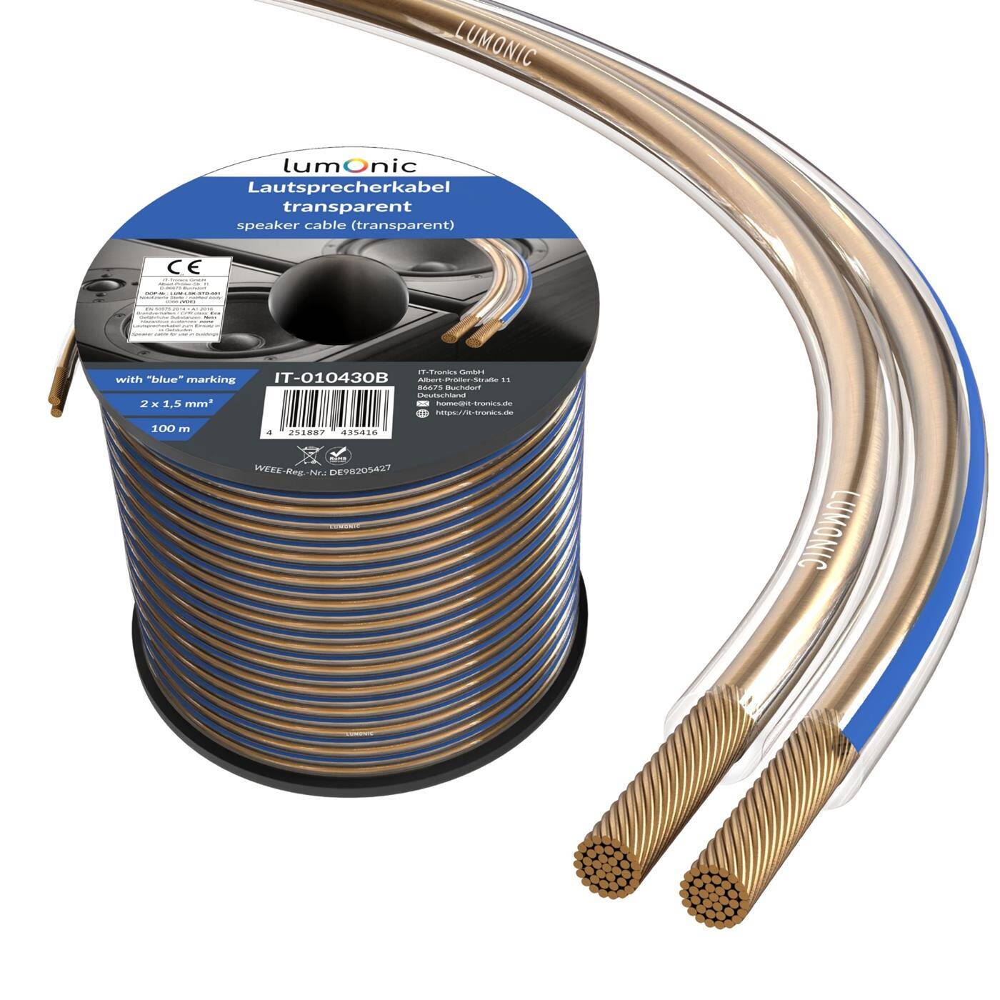 100m Lautsprecherkabel 2x 1,5mm² Transparent CCA HiFi Boxenkabel Audio Zwillingsleitung