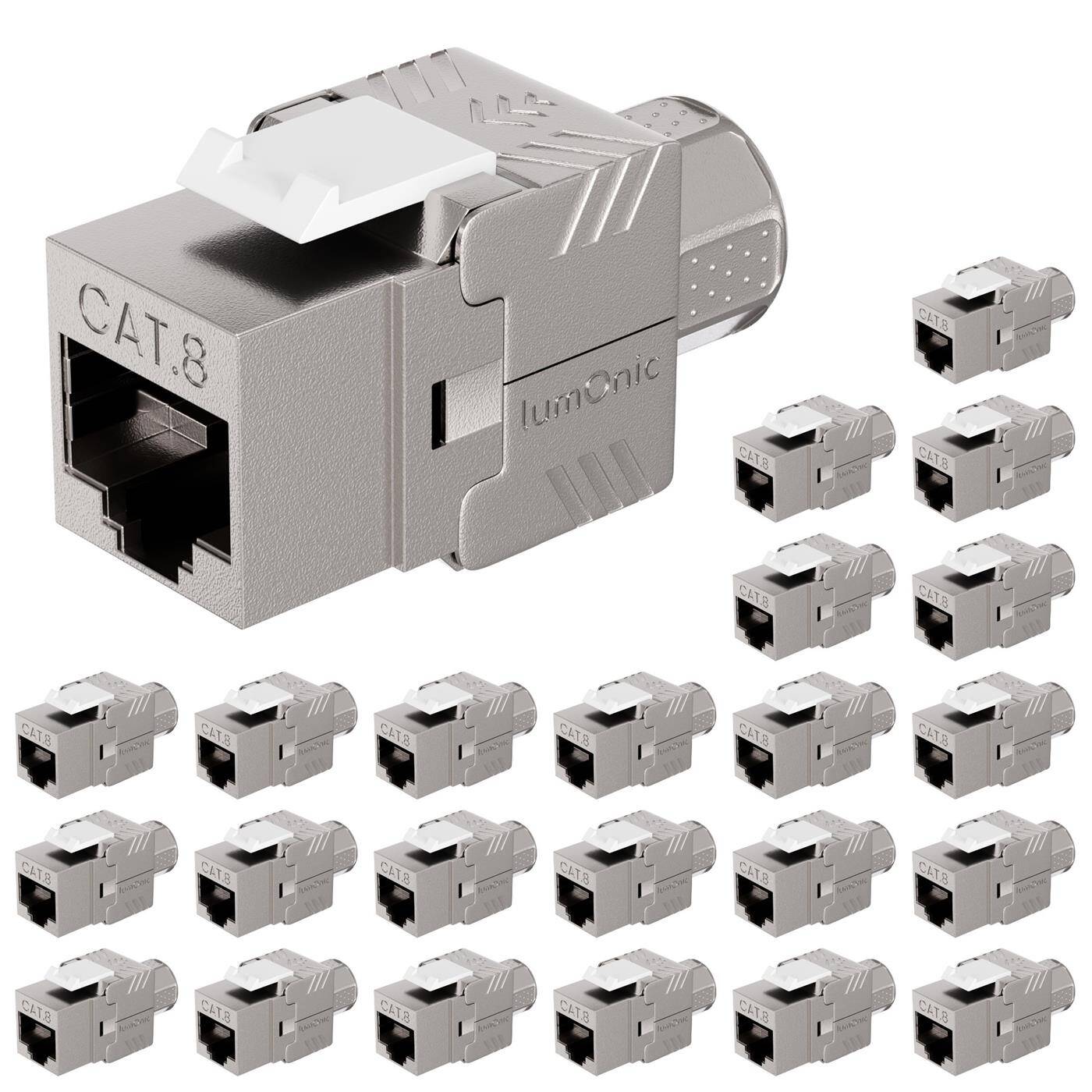 24er Set Premium Keystone RJ45 CAT8.1, einfache, werkzeuglose Montage, T568A/B farbcodiert, für Wanddose + Patchpanel, PoE, bis 40Gbit/s, 360° Schirmung, Zugentlastung durch Überwurfmutter, Metallgehäuse, Jack Modul