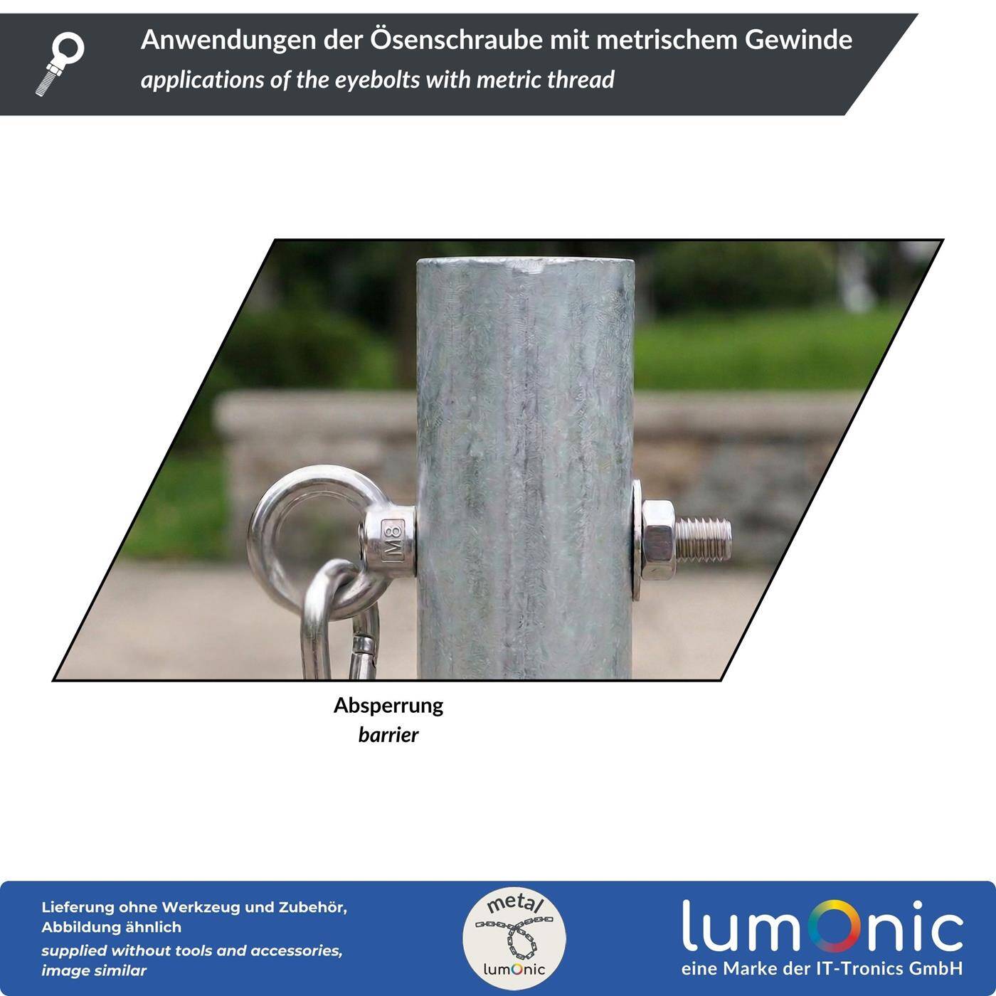 Eye bolt V2A stainless steel M12x120mm  Push-through mounting Eyebolt for awning hammock swing + chains incl. nut + washer