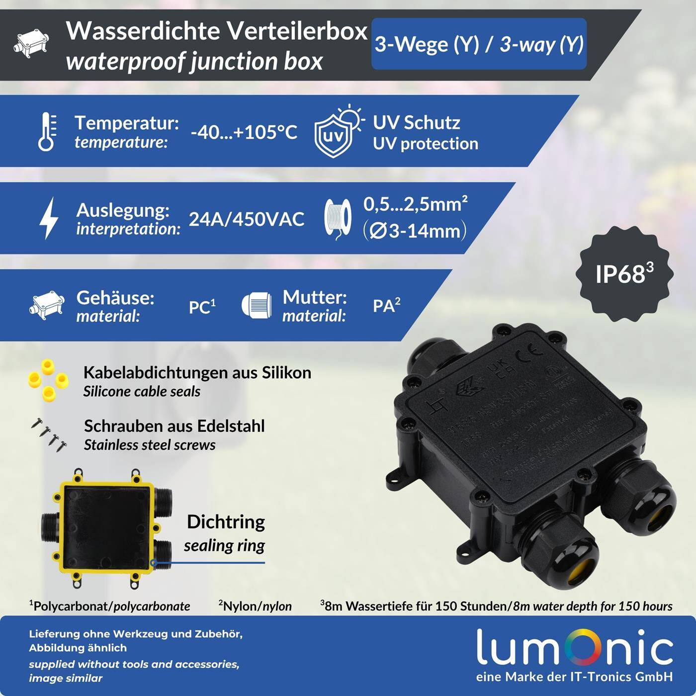 Lumonic 3-way Y junction box watertight IP68 | Fast, secure cable distribution | for cables 0.5-2.5mm² | UV-resistant, -40°C to+ 105°C | Junction box for outdoor, garden, underground cable