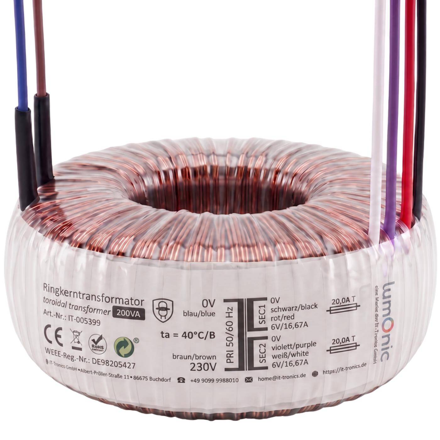 Lumonic Ringkerntrafo Transformator 200VA | Primär 230V AC | Sekundär 2x 6V AC oder 1x 12V AC | Brummarm | Transformator für HiFi Audio Verstärker