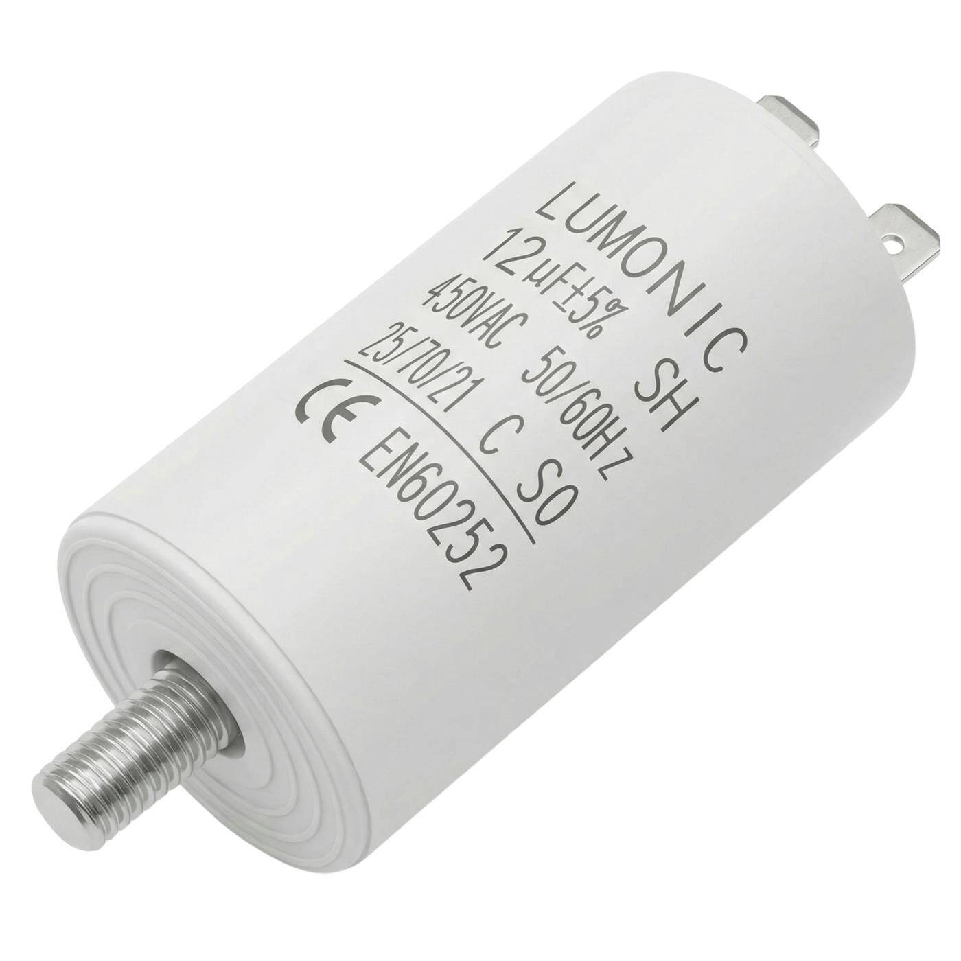 Lumonic Anlaufkondensator 12µF 450V | mit Stecker I 34x65mm I 12uF I Motorkondensator mit Kunststoffgehäuse I Betriebskondensator I für Pumpen, Rasenmäher, Werkzeuge