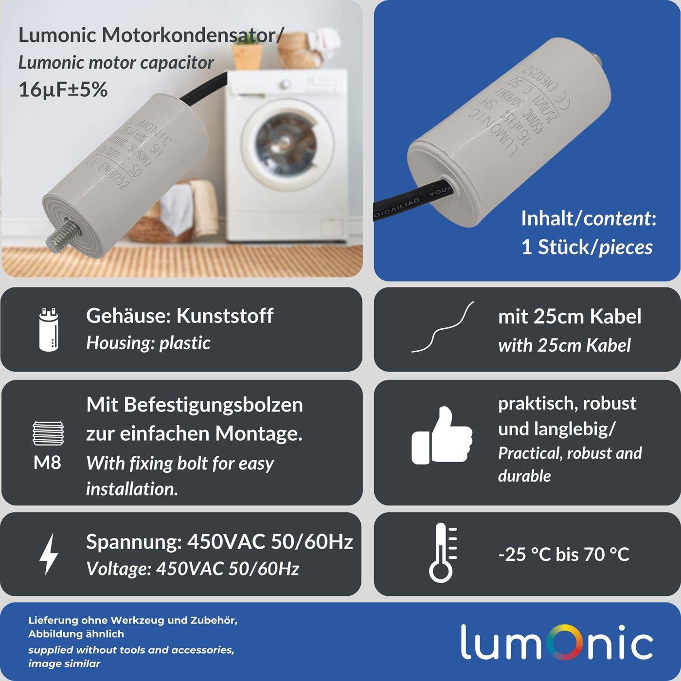 Lumonic Anlaufkondensator 16µF 450V | mit Kabel I 34x70mm I 16uF I Motorkondensator mit Kunststoffgehäuse I Betriebskondensator I für Pumpen, Rasenmäher, Werkzeuge