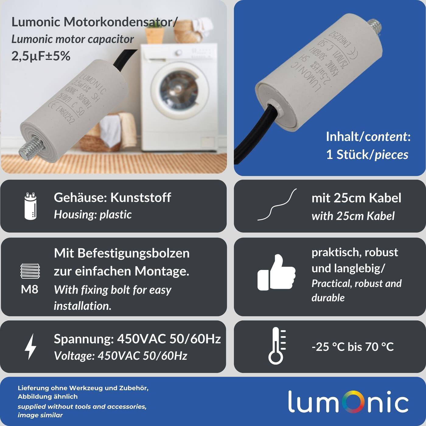 Lumonic Anlaufkondensator 2,5µF 450V | mit Kabel I 26x55mm I 2,5uF I Motorkondensator mit Kunststoffgehäuse I Betriebskondensator I für Pumpen, Rasenmäher, Werkzeuge