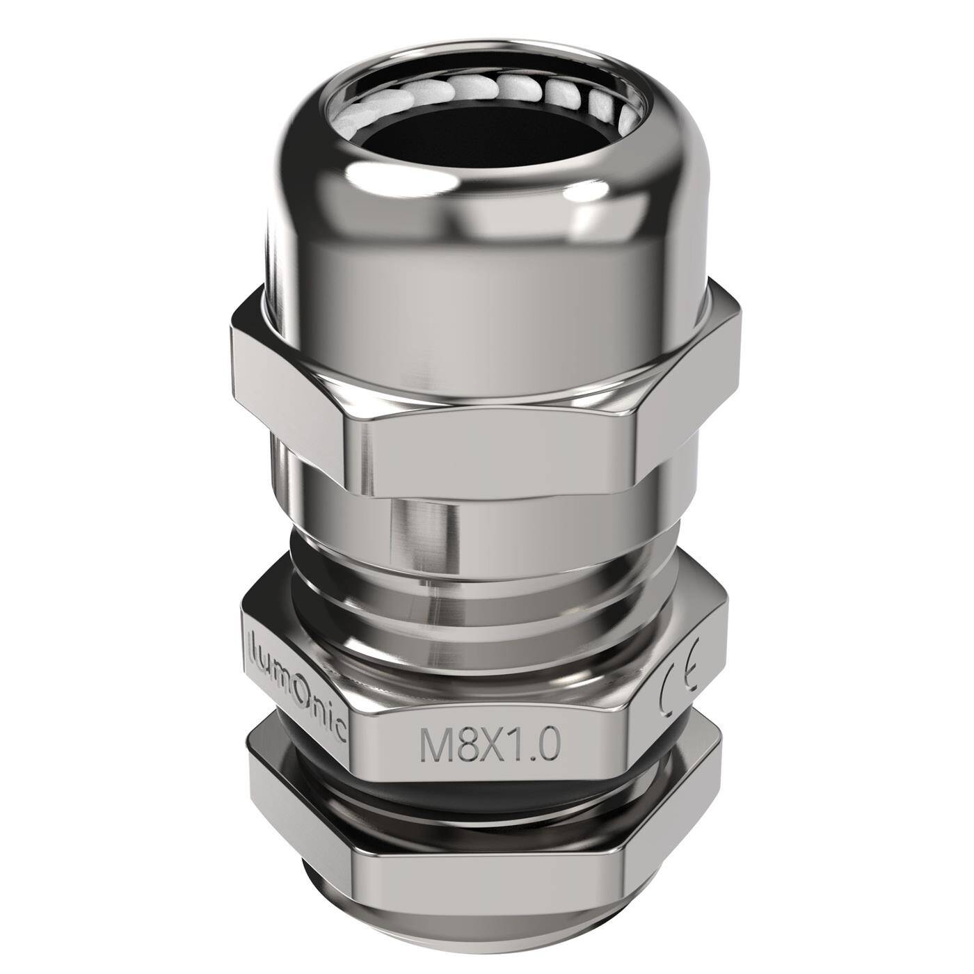 Kabelverschraubung Metall M8, Klemmbereich 2-5mm, IP68, mit Gegenmutter, Messing vernickelt, EMV, -40…+100°C