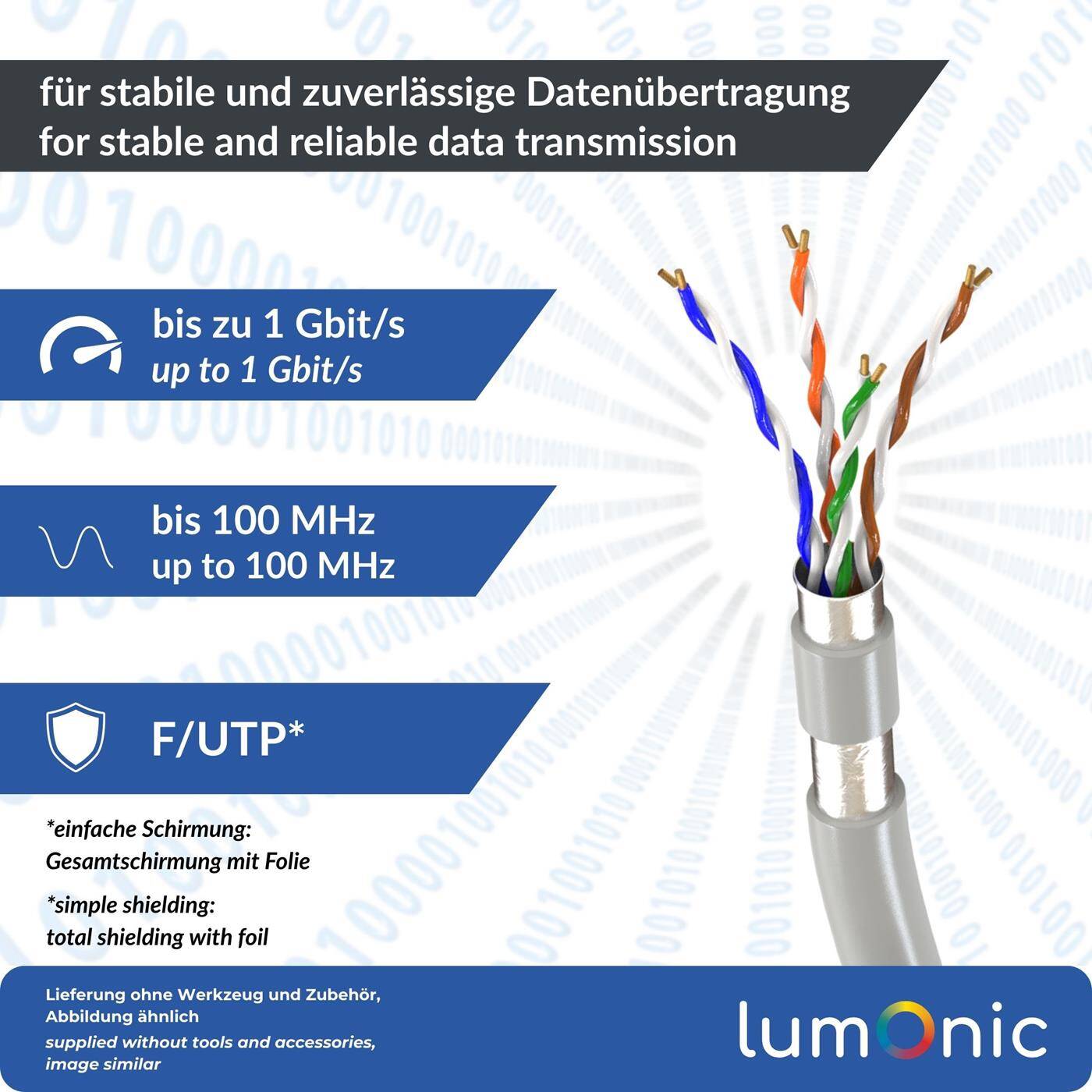 Lumonic LAN Netzwerkkabel 50m | LAN Kabel CAT5e F/UTP | Patchkabel  4x 2x AWG26/7 (verseilt) | 100MHz Gigabit Ethernet