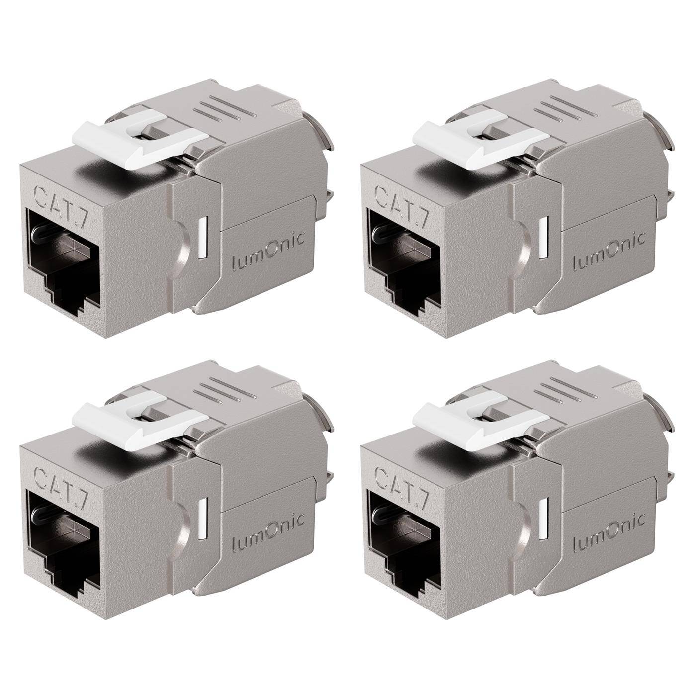 Lumonic 4er Set Keystone RJ45 CAT7 | werkzeuglose Montage | T568A/B farbcodiert | für Wanddose + Patchpanel | PoE++, bis 10Gbit/s | 360° Schirmung | Zugentlastung mit Kabelbinder | Metallgehäuse