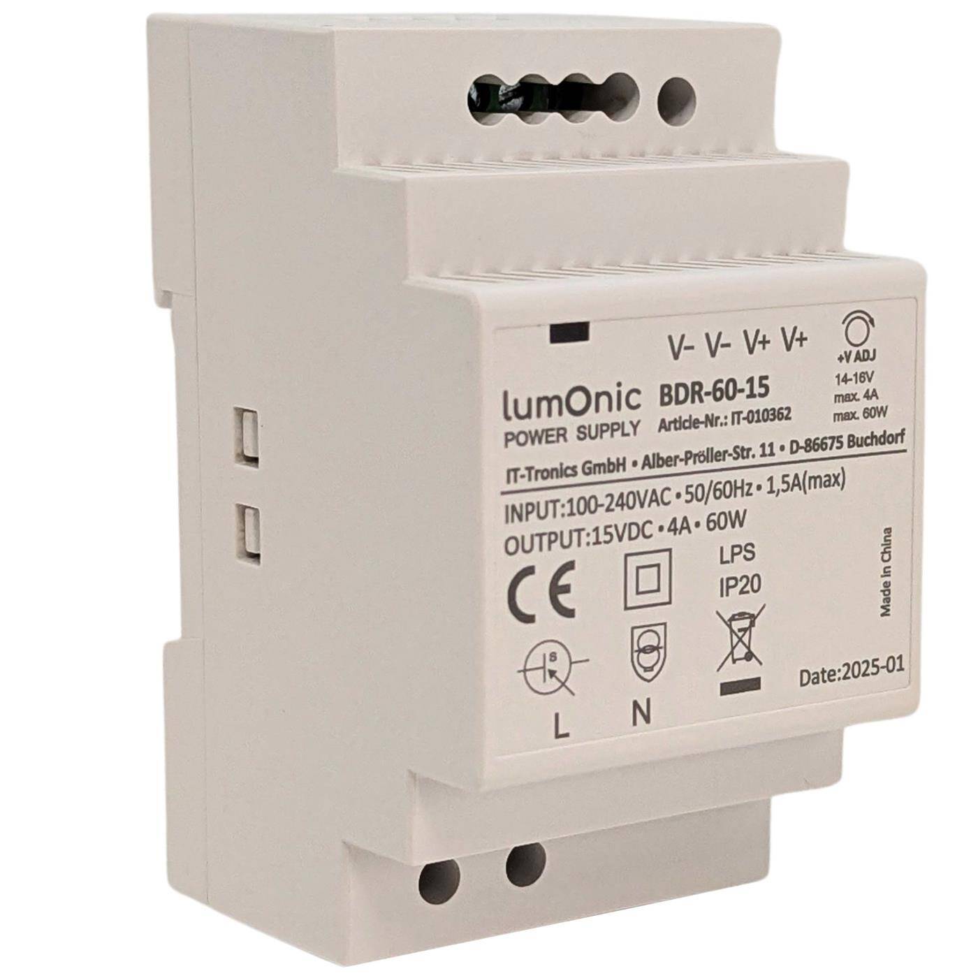 Lumonic I Top-hat rail power supply unit BDR-60-15 I 15V / 60W I Input 100-240VAC I Overload protection I DIN-Rail switching power supply I Switch cabinet