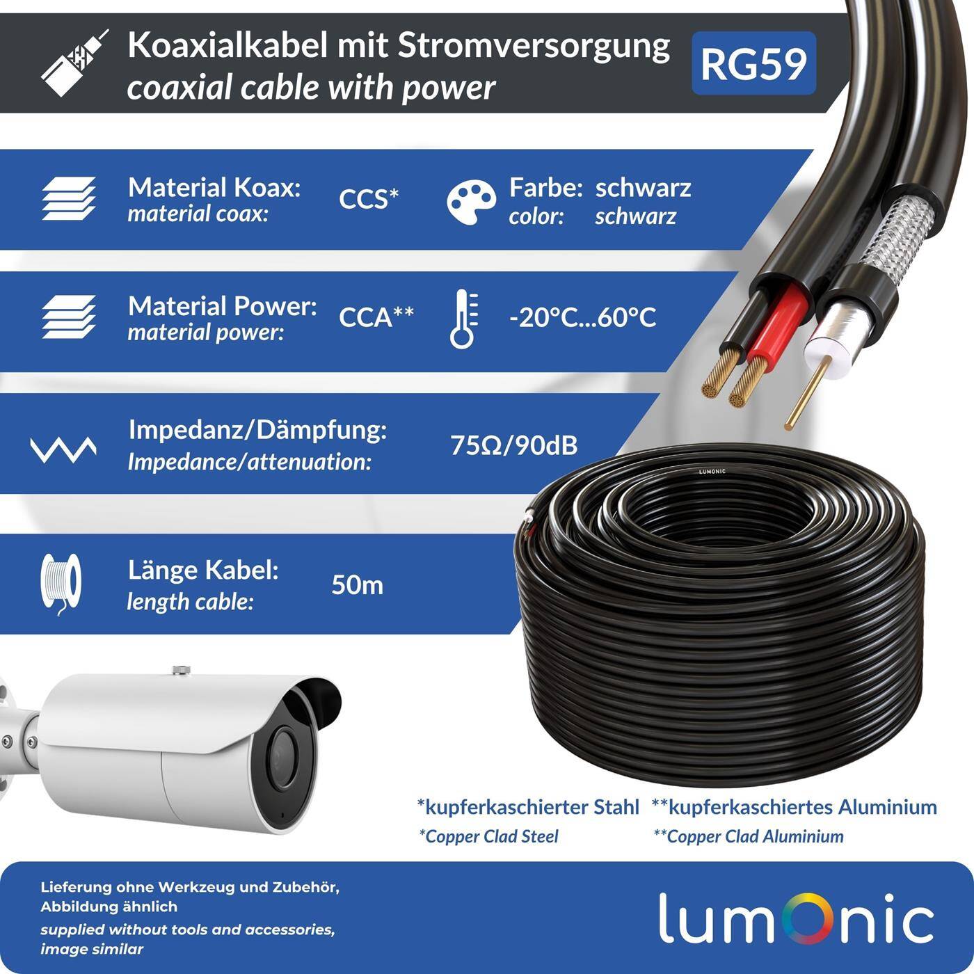 50m RG59 Koaxialkabel CCTV Überwachungskabel mit Power 75 Ohm 90dB Video + Strom