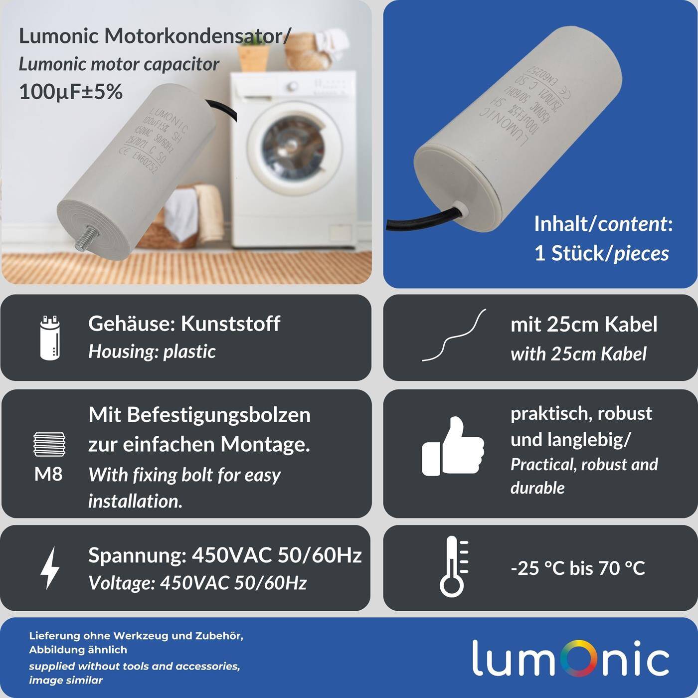 Lumonic Anlaufkondensator 100µF 450V | mit Kabel I 55x120mm I 100uF I Motorkondensator mit Kunststoffgehäuse I Betriebskondensator I für Pumpen, Rasenmäher, Werkzeuge