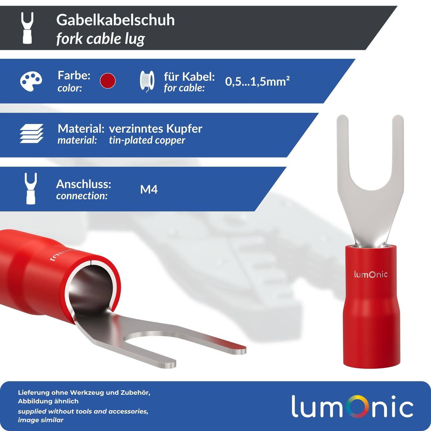 Lumonic 25x Gabelkabelschuh 0,5-1,5mm² teilisoliert | M4 | Kupfer verzinnt | sichere Kabelverbindung ohne Löten | Set mit 25 Stück Crimp-Kabelschuh, Quetschverbinder | KFZ, Maschinenbau, Wohnmobil, Batterie