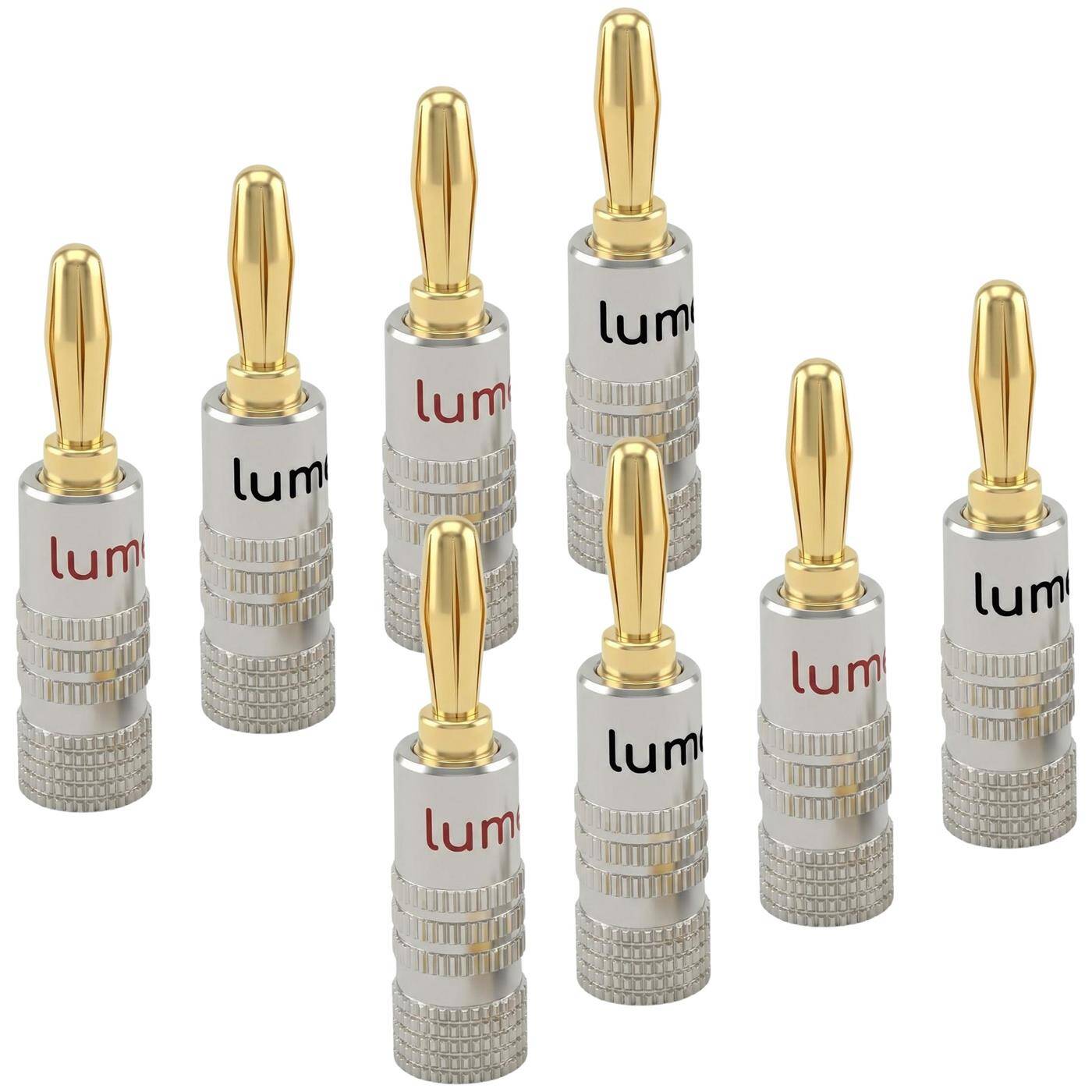Set of 8 HiFi banana plugs silver, straight, screwable, gold-plated 4mm contacts, for 0.75mm²...4.0mm², Metal housing, for amplifier, loudspeaker, surround system