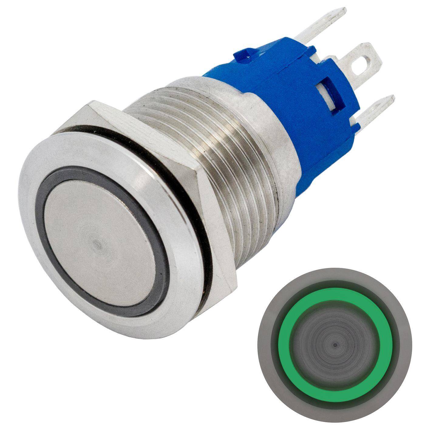 Lumonic Edelstahl Druckschalter flach 19mm Durchmesser I Mit einer Ring LED in Grün Maße: 2,8x0,5mm Pin s 250V 3A I Vandalismussicher nach dem IP65 Standard
